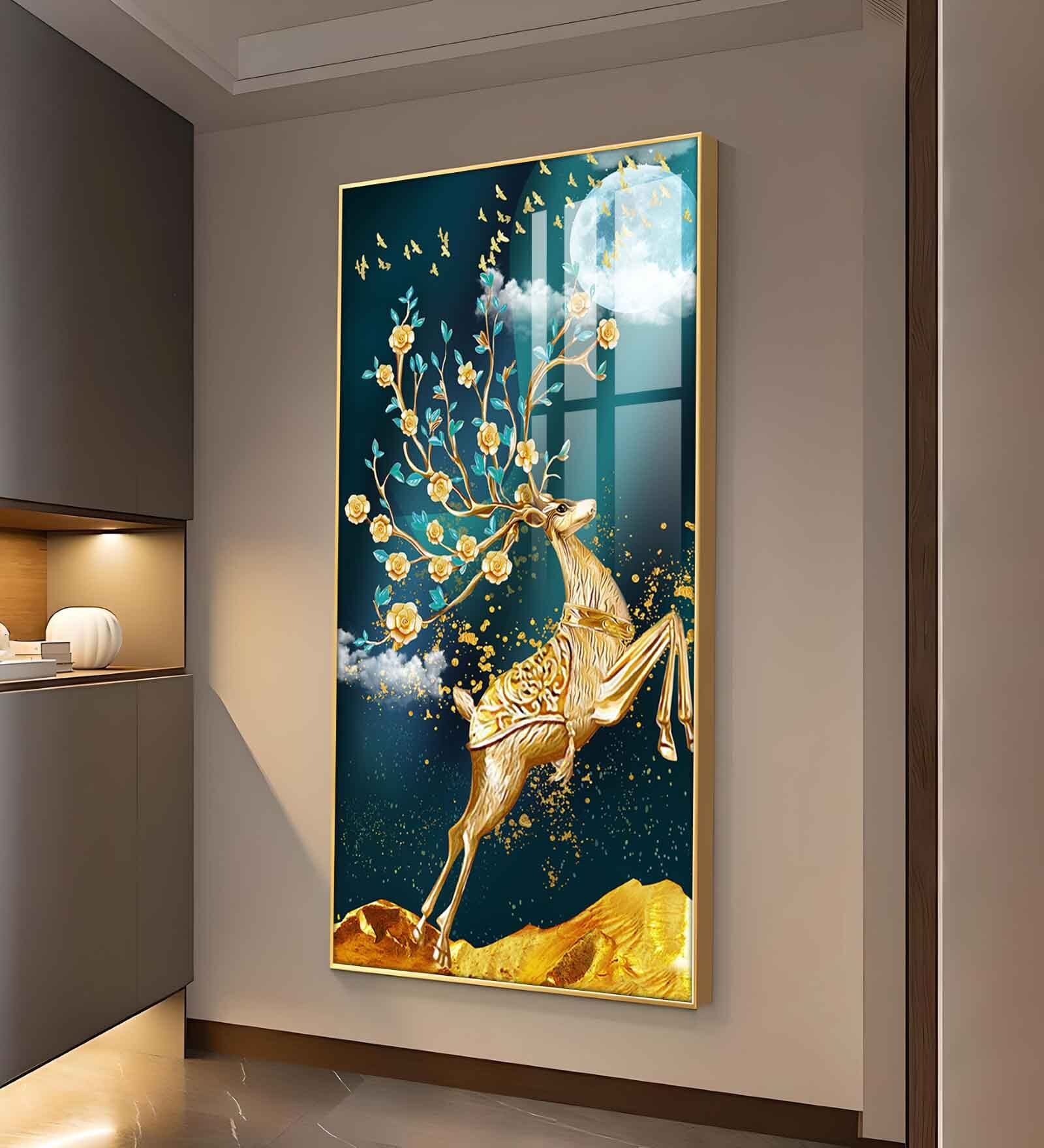 Golden Antlers and Blossoms Glass Finish Vertical Wall Art