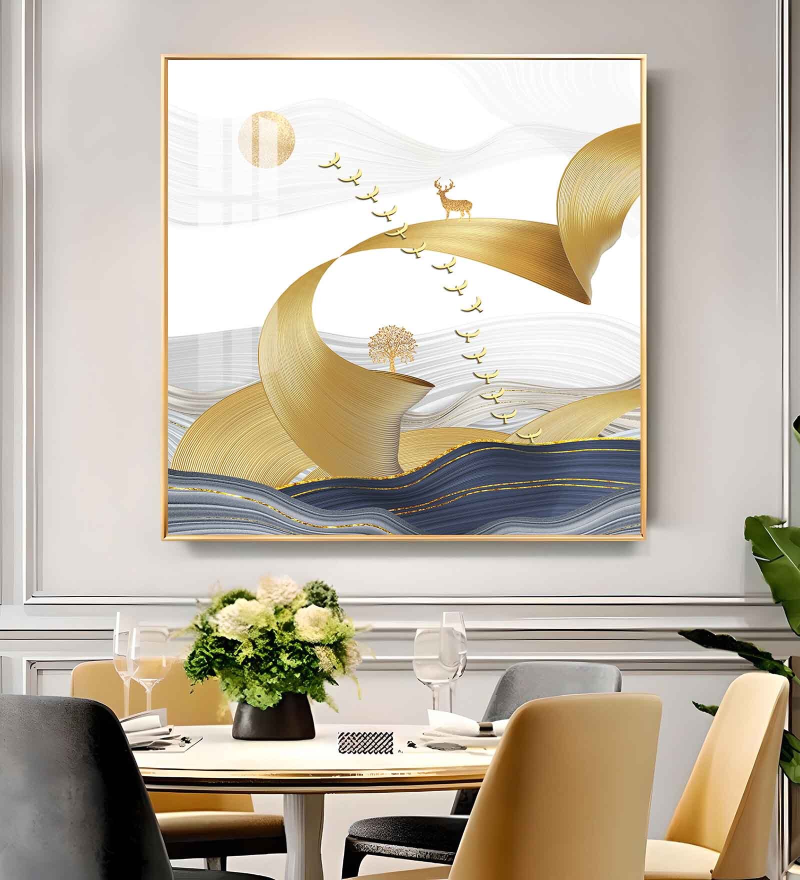 Golden Bird Above the Peaks Glass Finish Square Wall Art