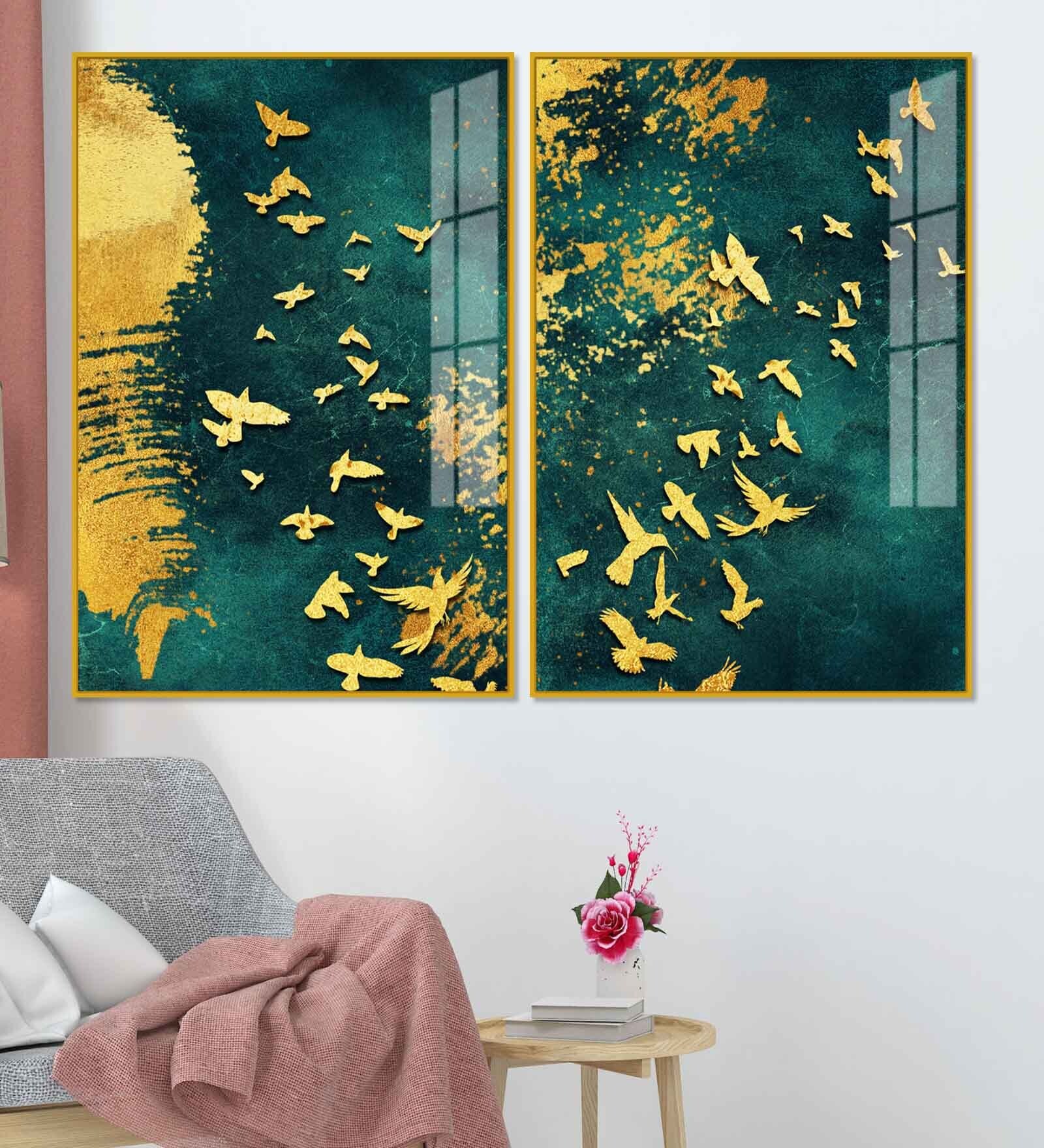Golden Birds Group Flying Acrylicframed Art Panel (Set Of 2)