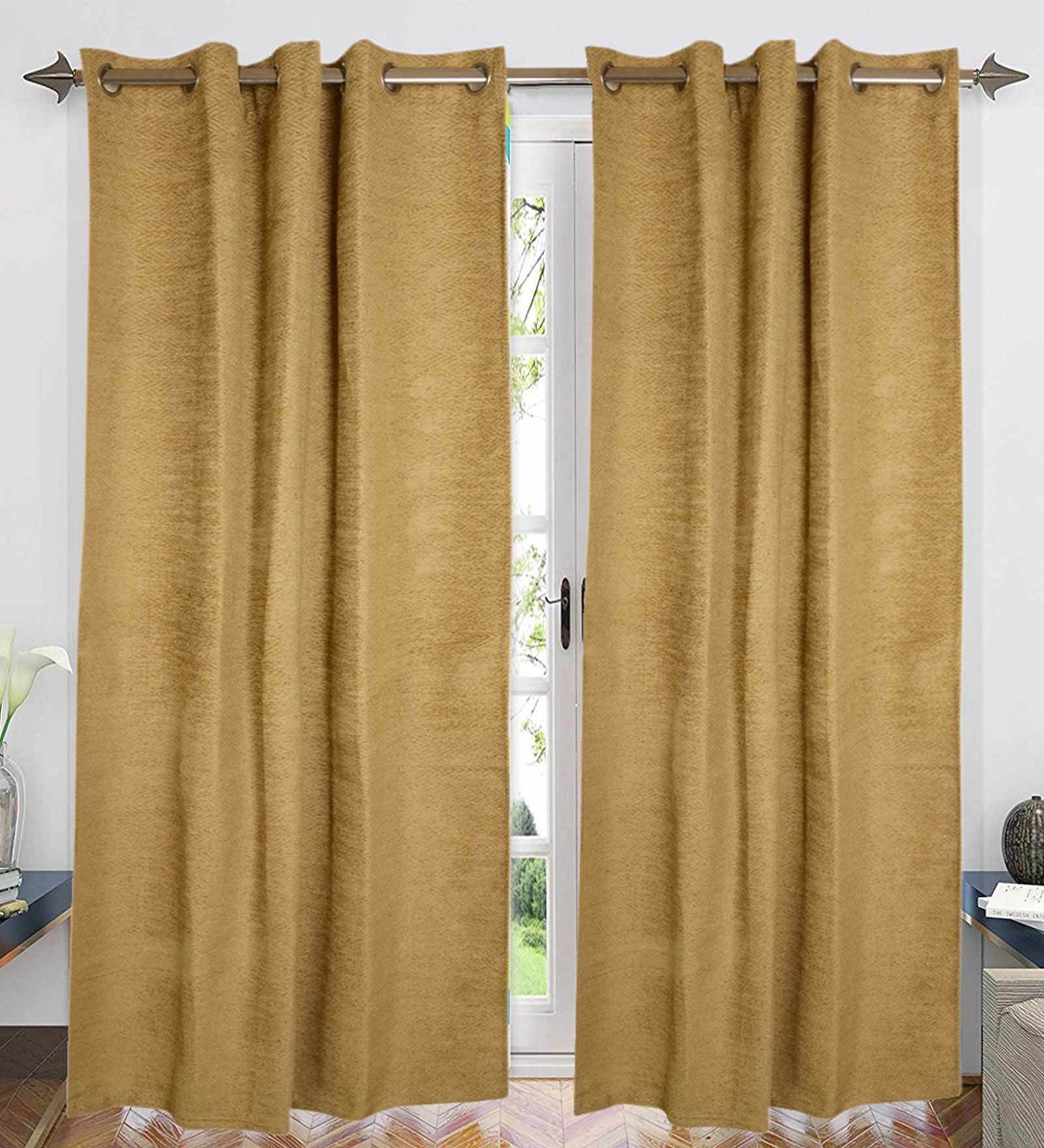 Gold Polyester And Chenille Solid 7 Ft Light Filering Eyelet 2 Door Curtains