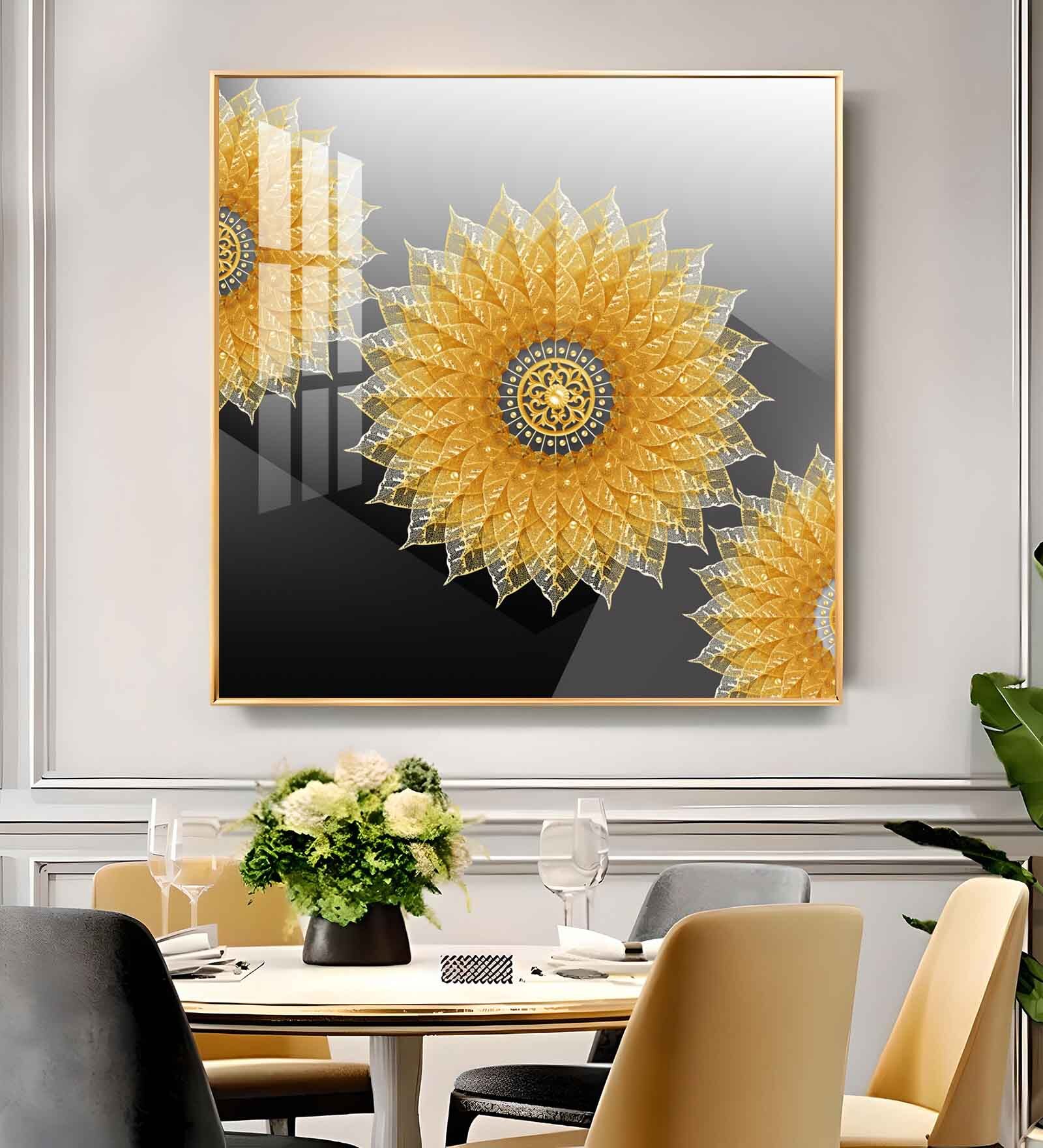 Golden Bloom Glass Finish Square Wall Art