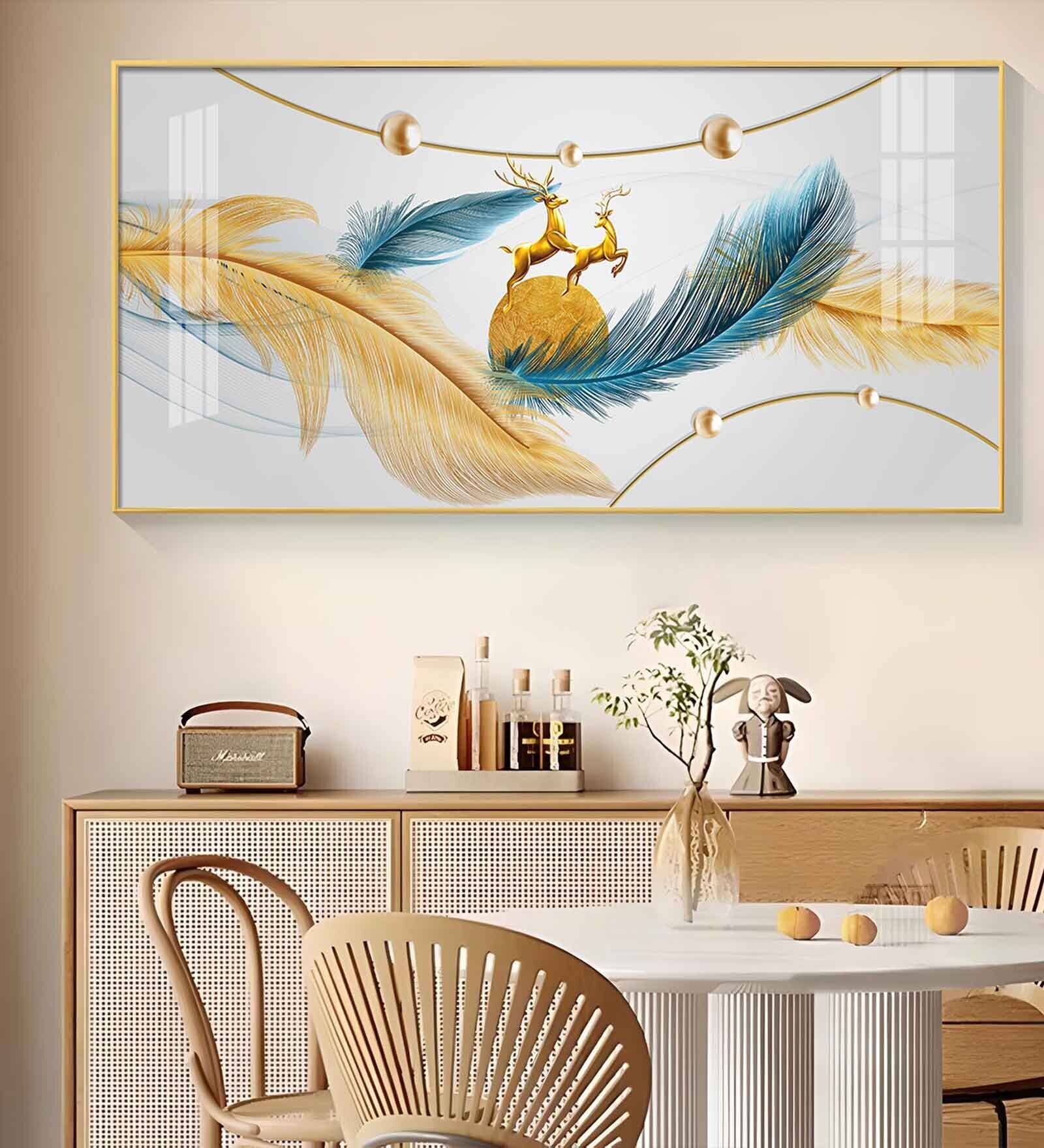 Golden Blue Feathers Glass Finish Horizontal Wall Art