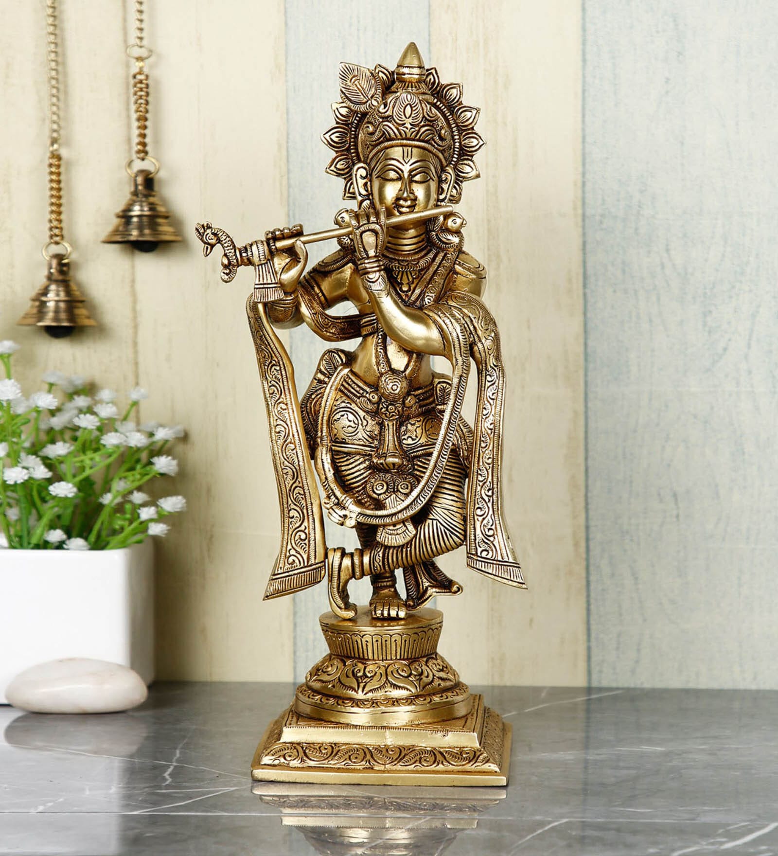 Golden Brass 13.5 Inch Lord Krishna Idol