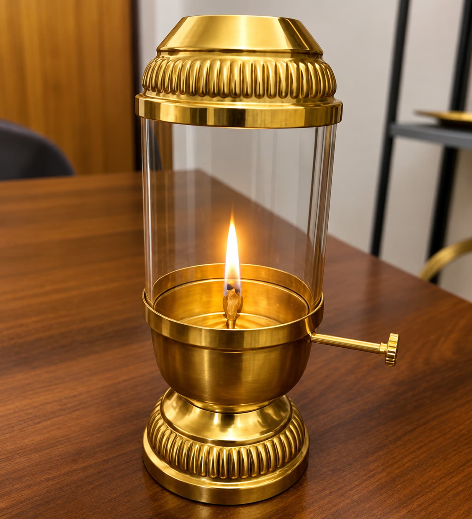 Golden Brass Akhand Deep Diya with Glass Cover and Side Wick Lever