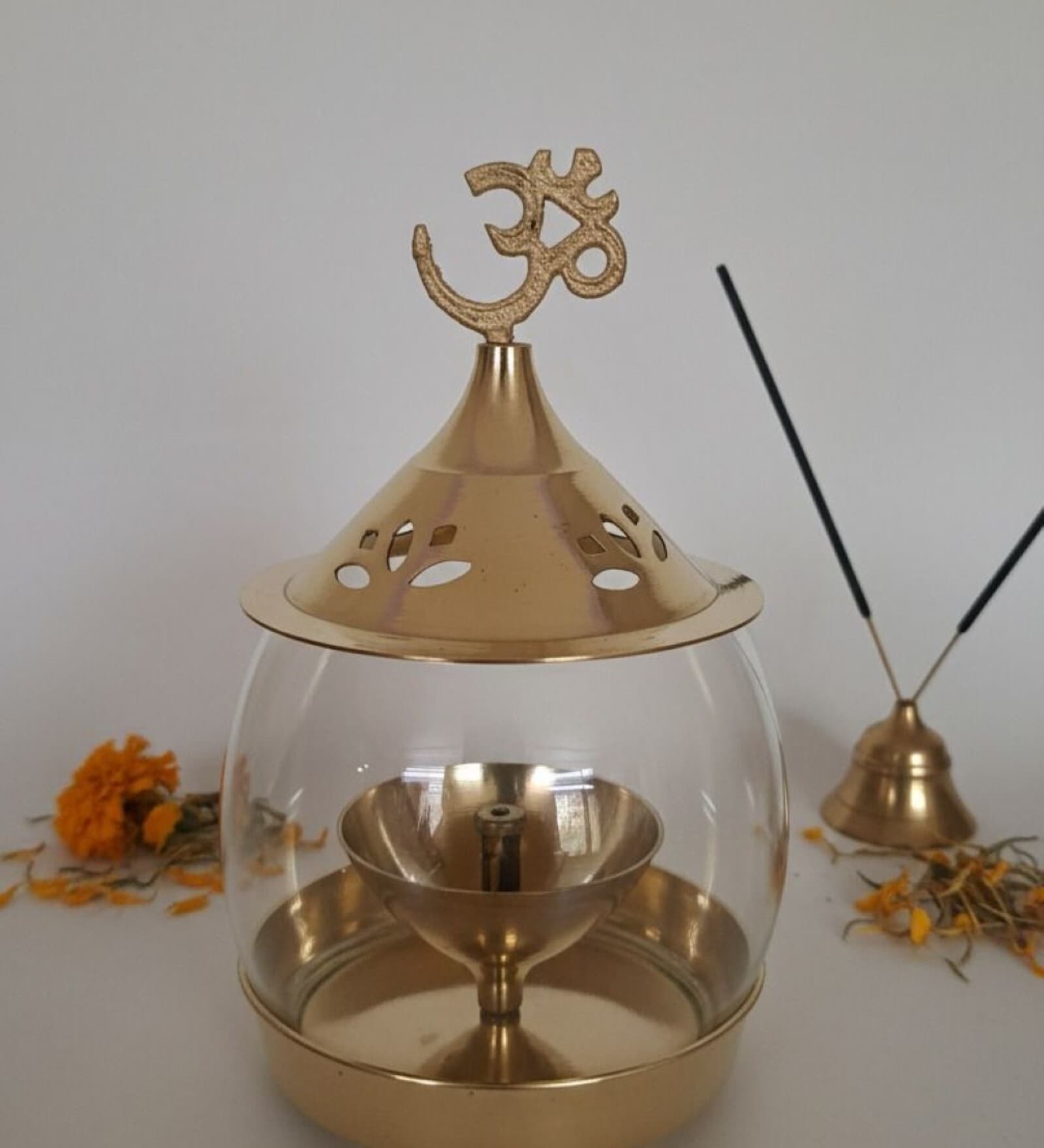 Golden Brass Akhand Diya with Om Lid and Curved Glass Cover