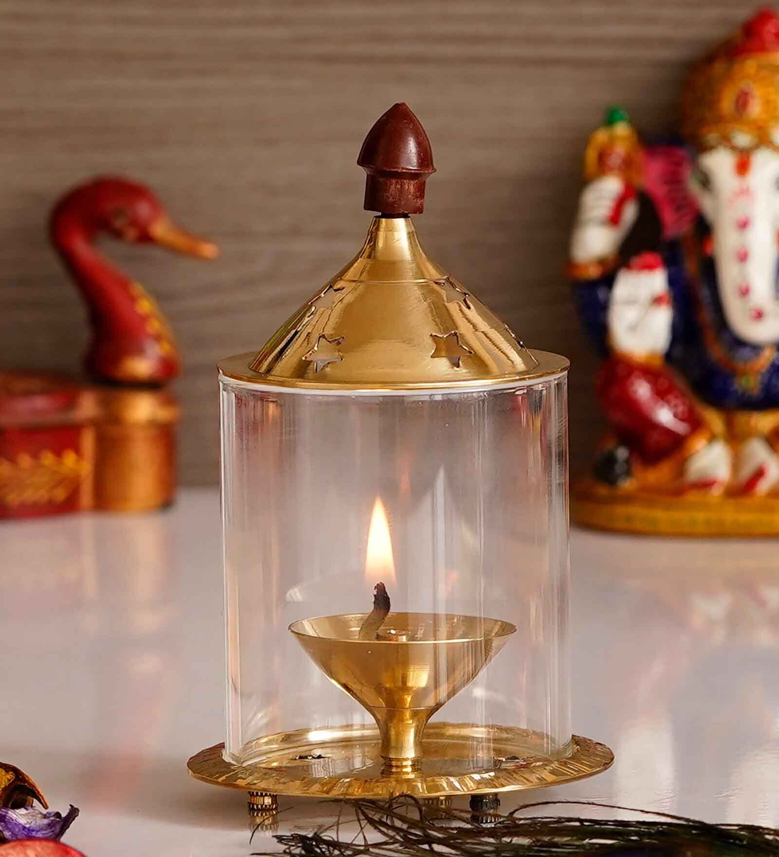 Golden Brass Akhand Diya With Glass