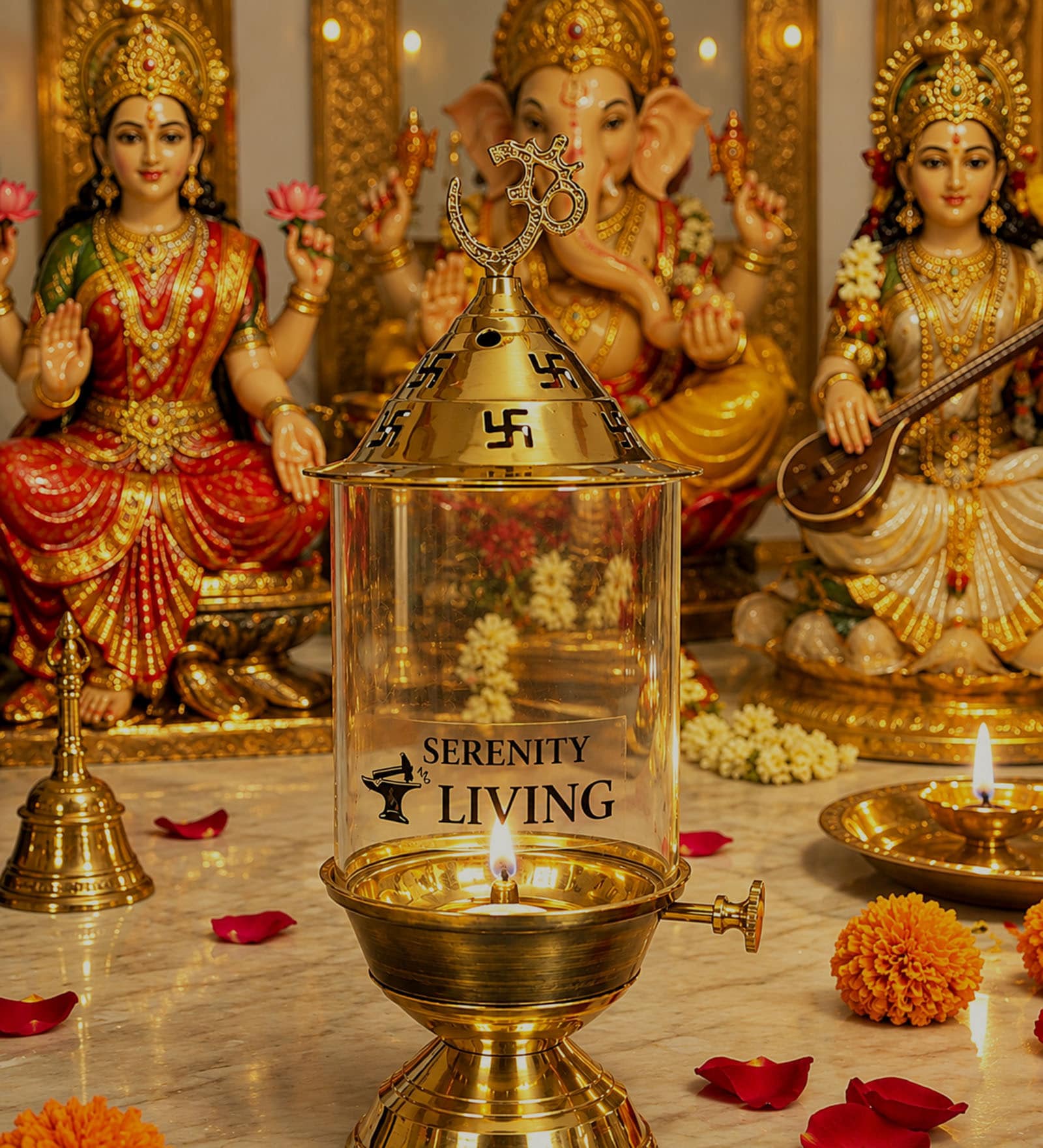 Golden Brass Akhand Diya with Swastik Glass Cover and Wick Lifter