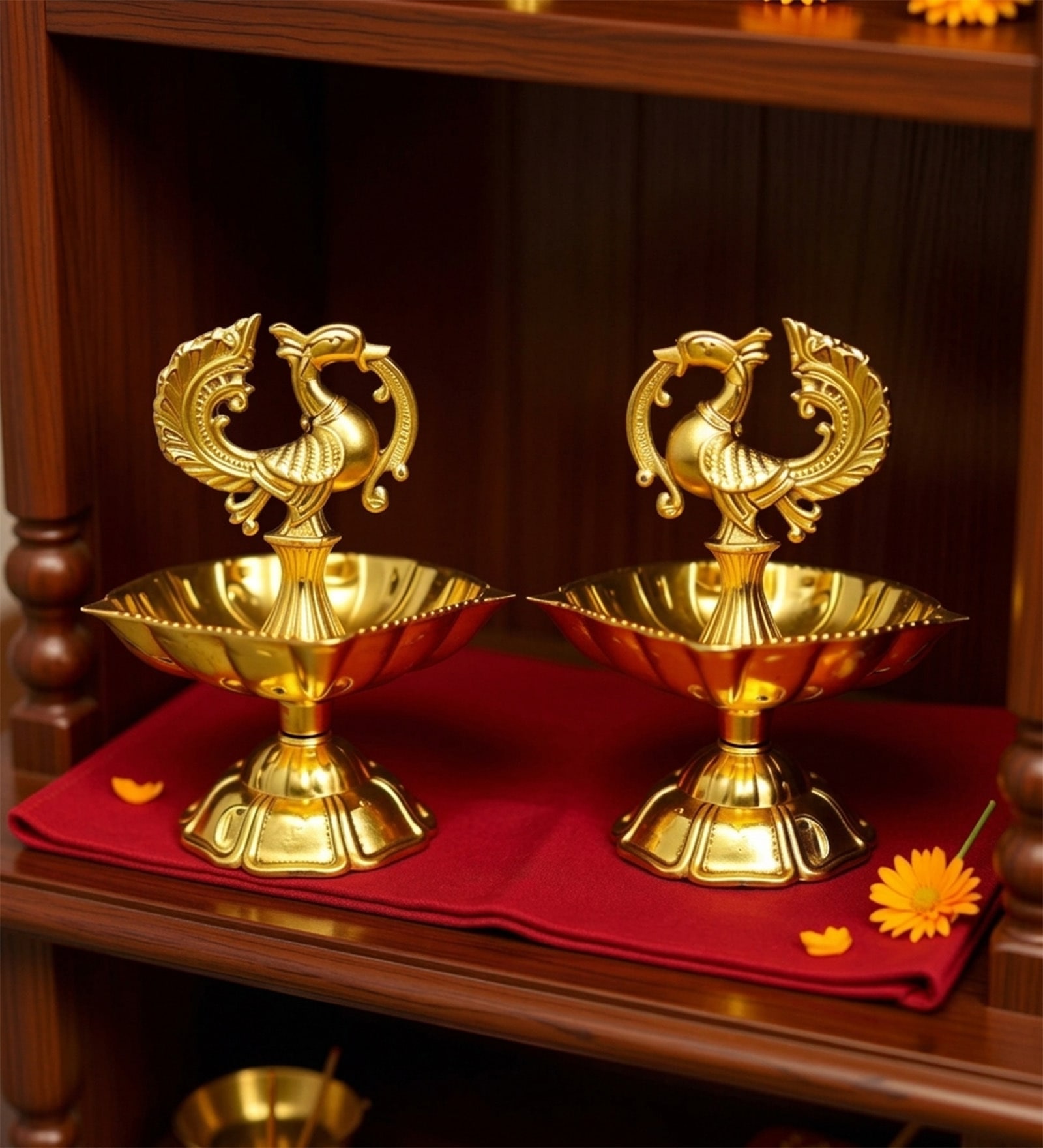 Golden Brass Peacock Design Pooja Diya
