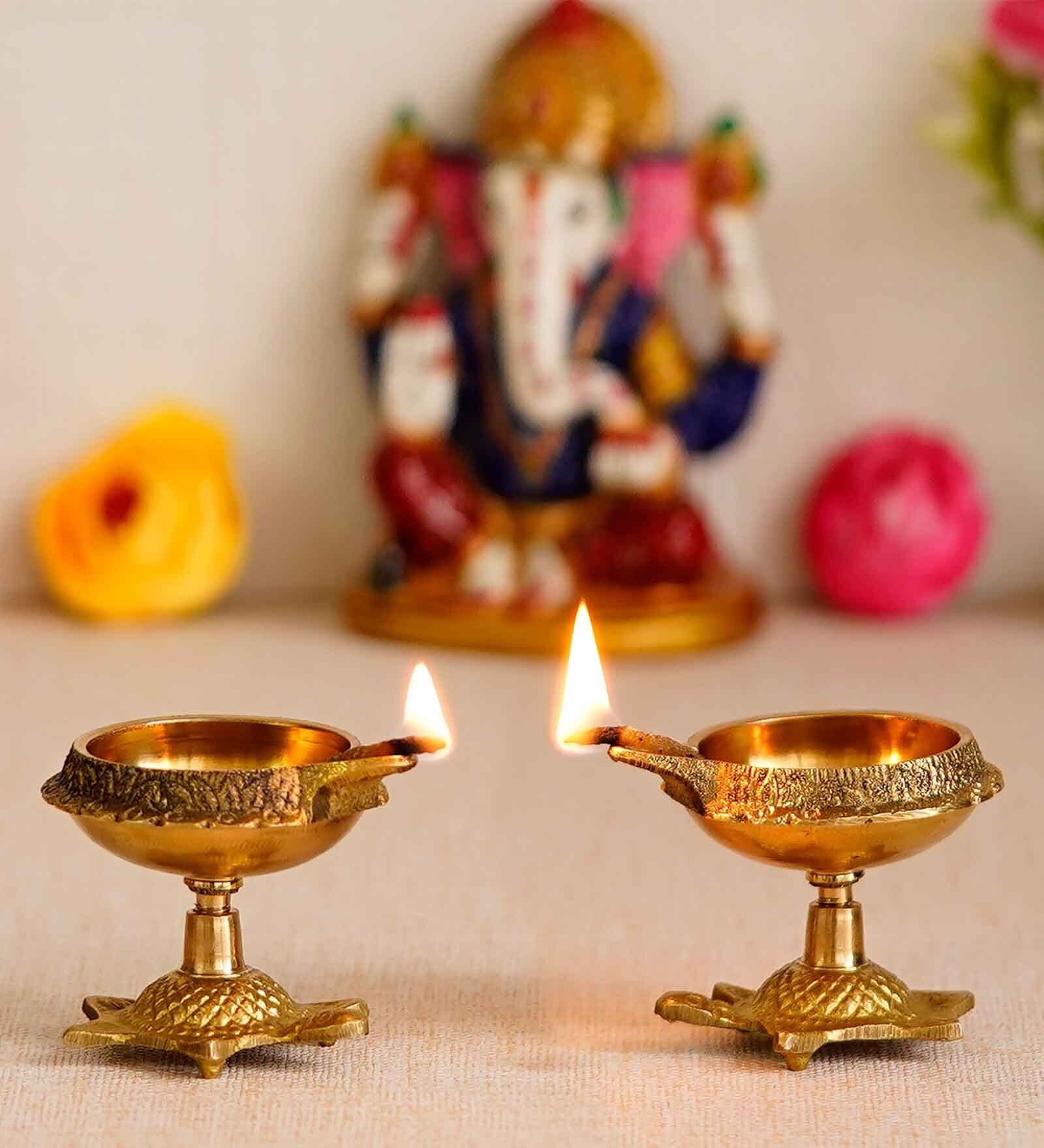 Golden Brass Diya With Tortoise Base Set Of 2By