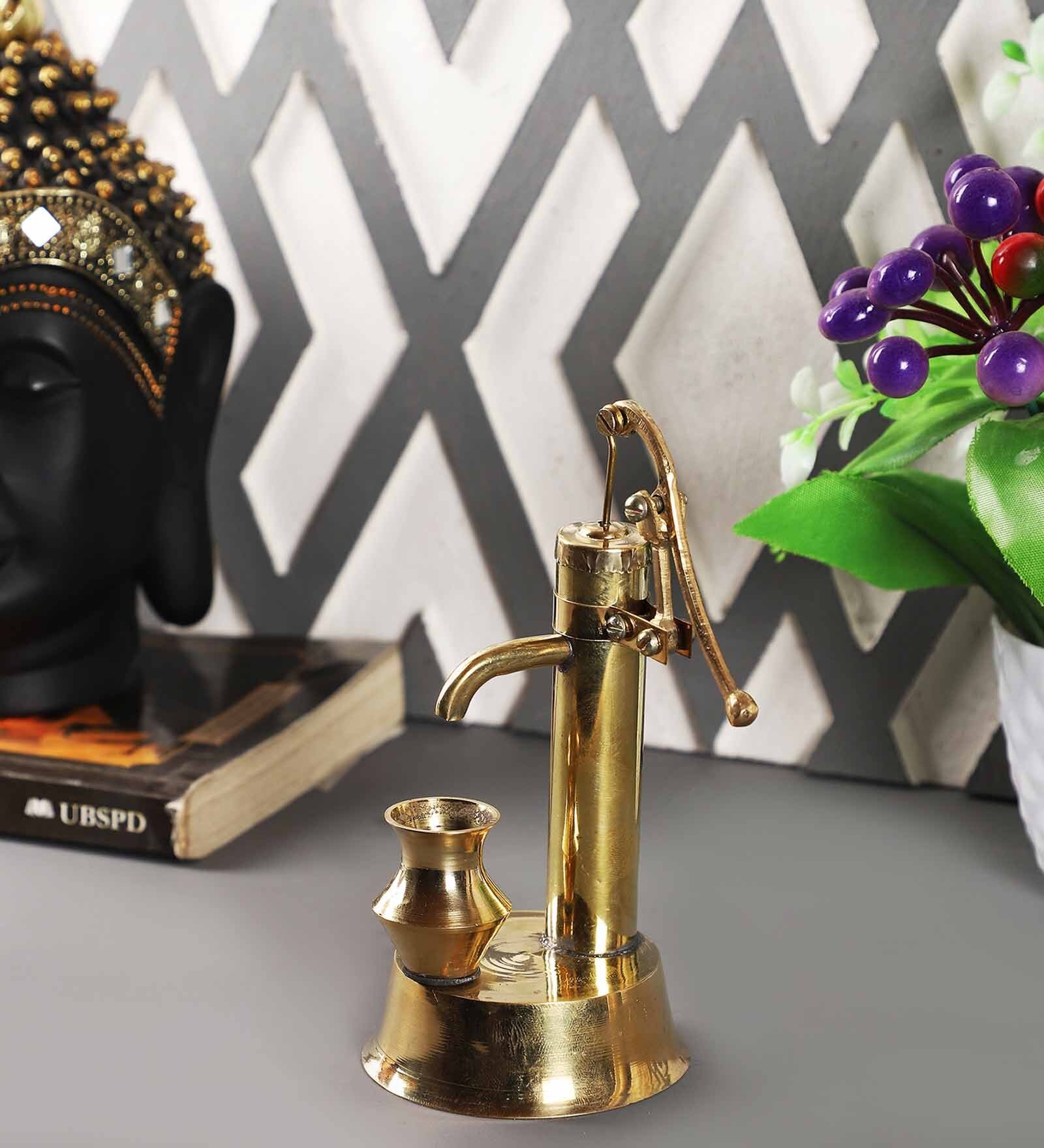 Golden Brass Hand Pump With Matki Abstract Vintage Decor Showpiece