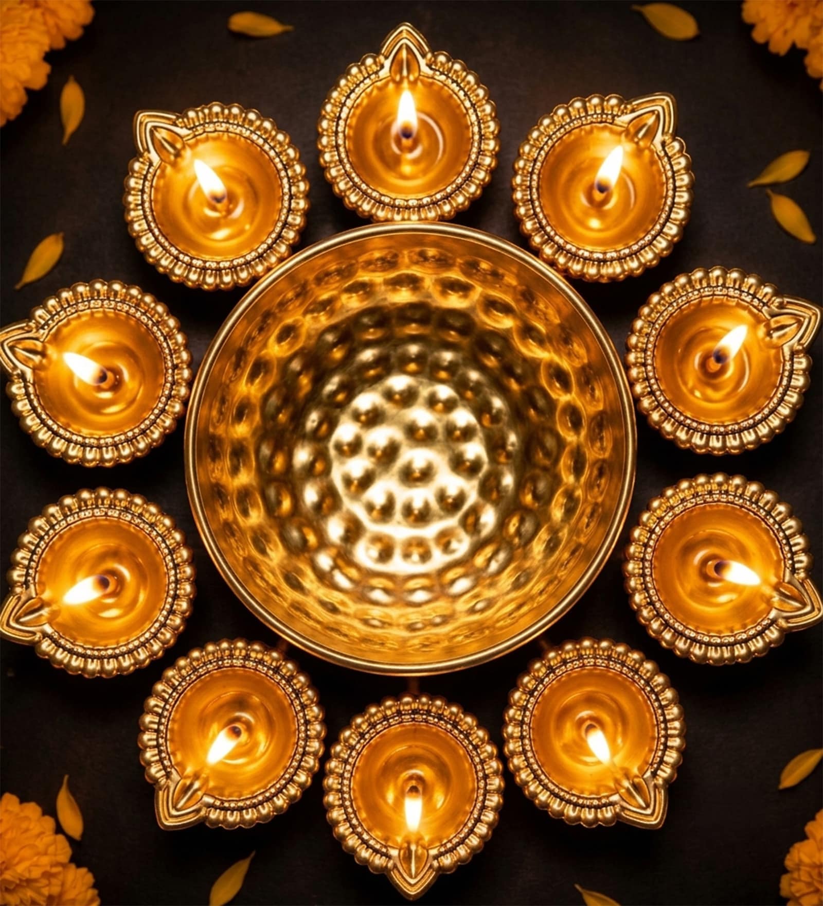 Golden Brass Urli Bowl with Diya Set Golden Brass Urli Bowl with Diya Set