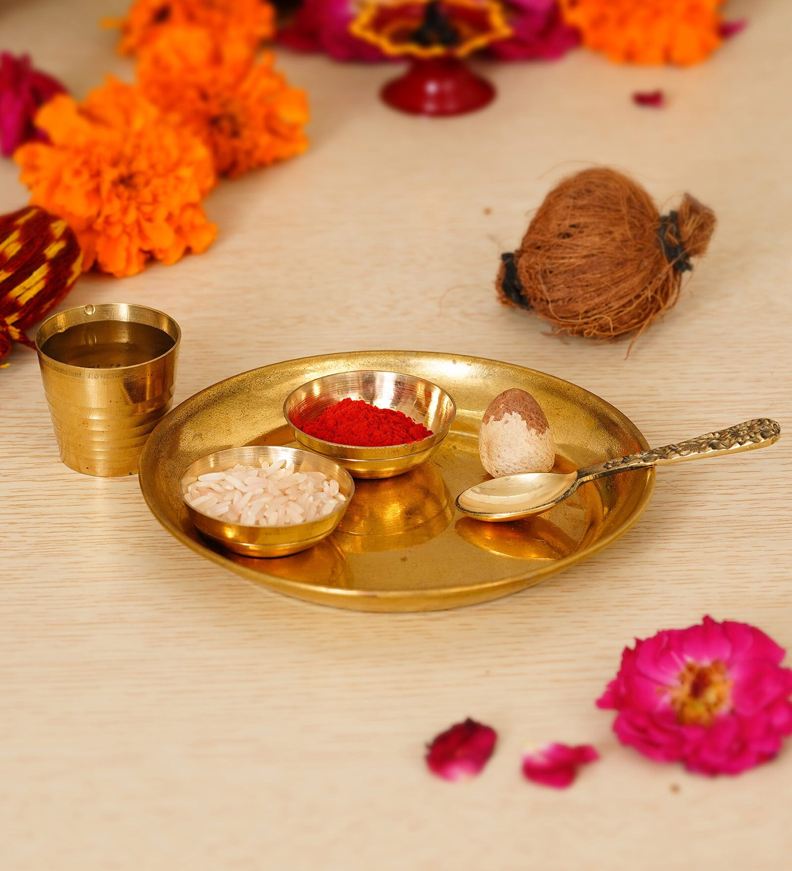Golden Brass Pooja Thali with 2 Katori/Bowls, 1 Spoon and 1 Glass