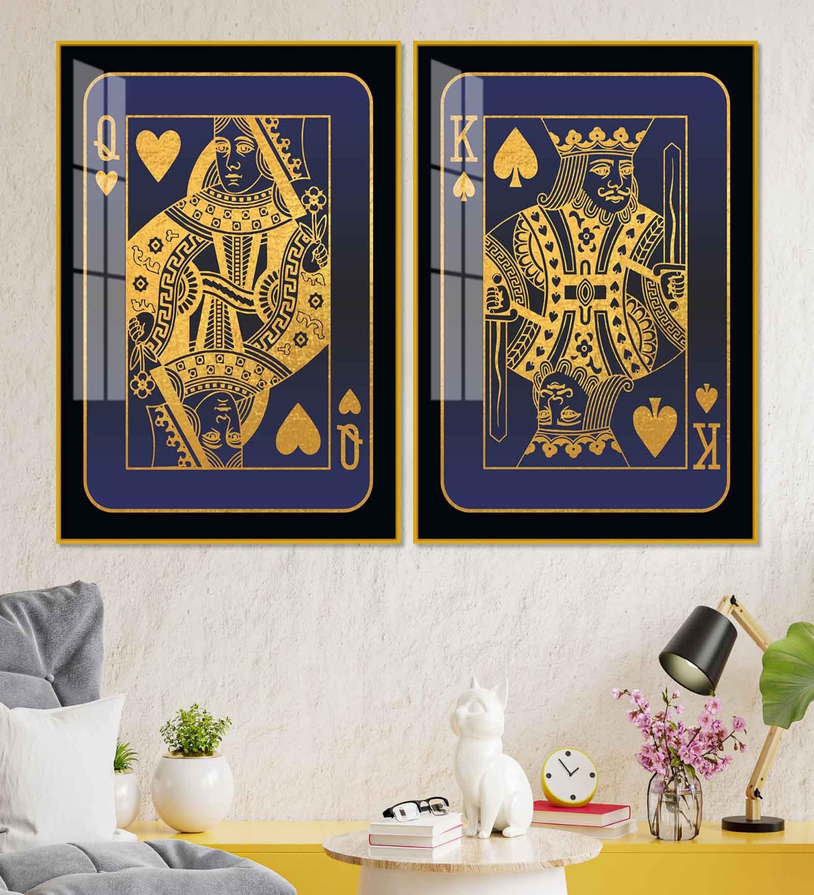 Golden Card Of King And Queen Acrylic Framed Art Panel (Set Of 2)