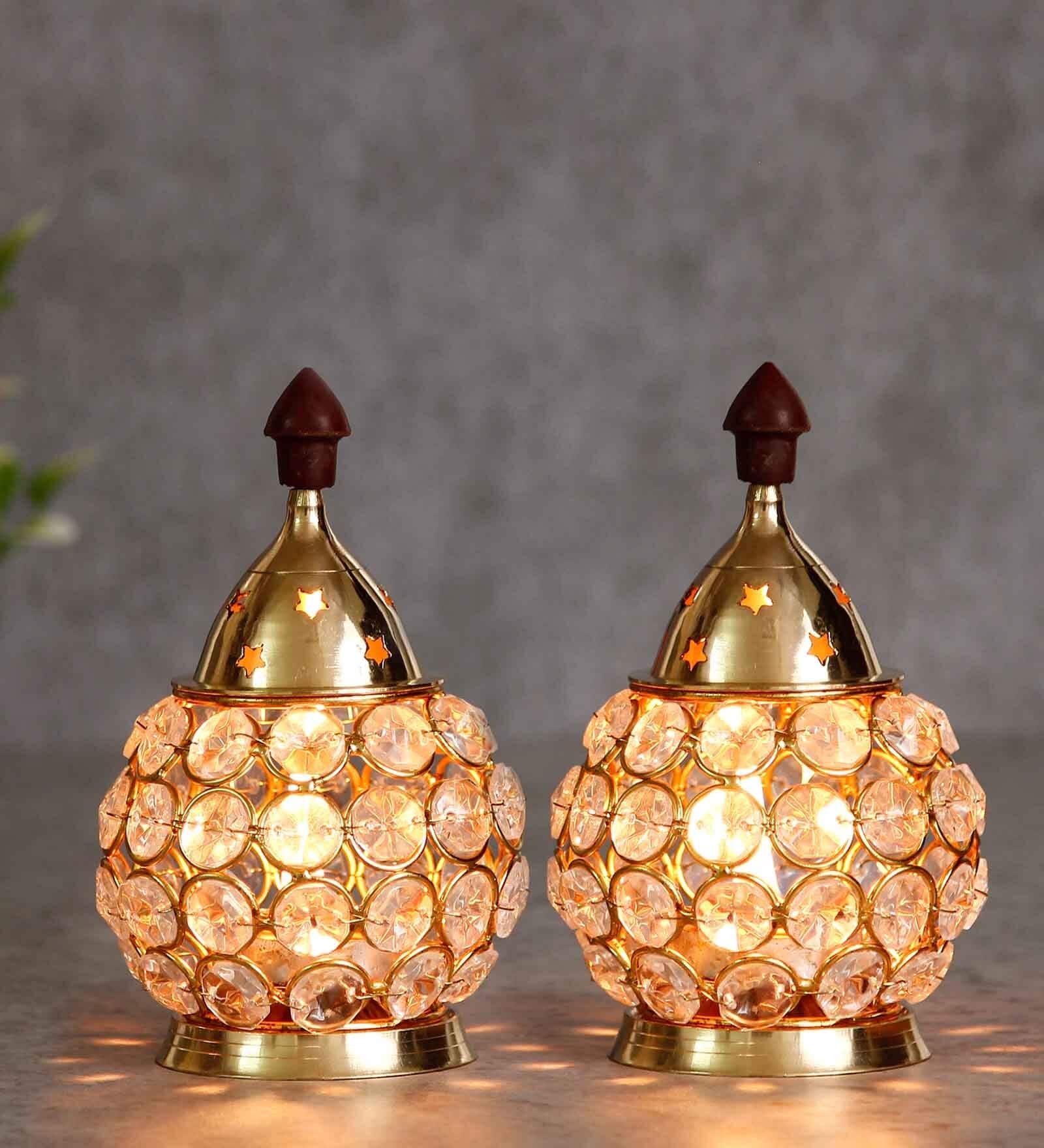 Golden Crystal And Brass Akhand Diya  Set of 2