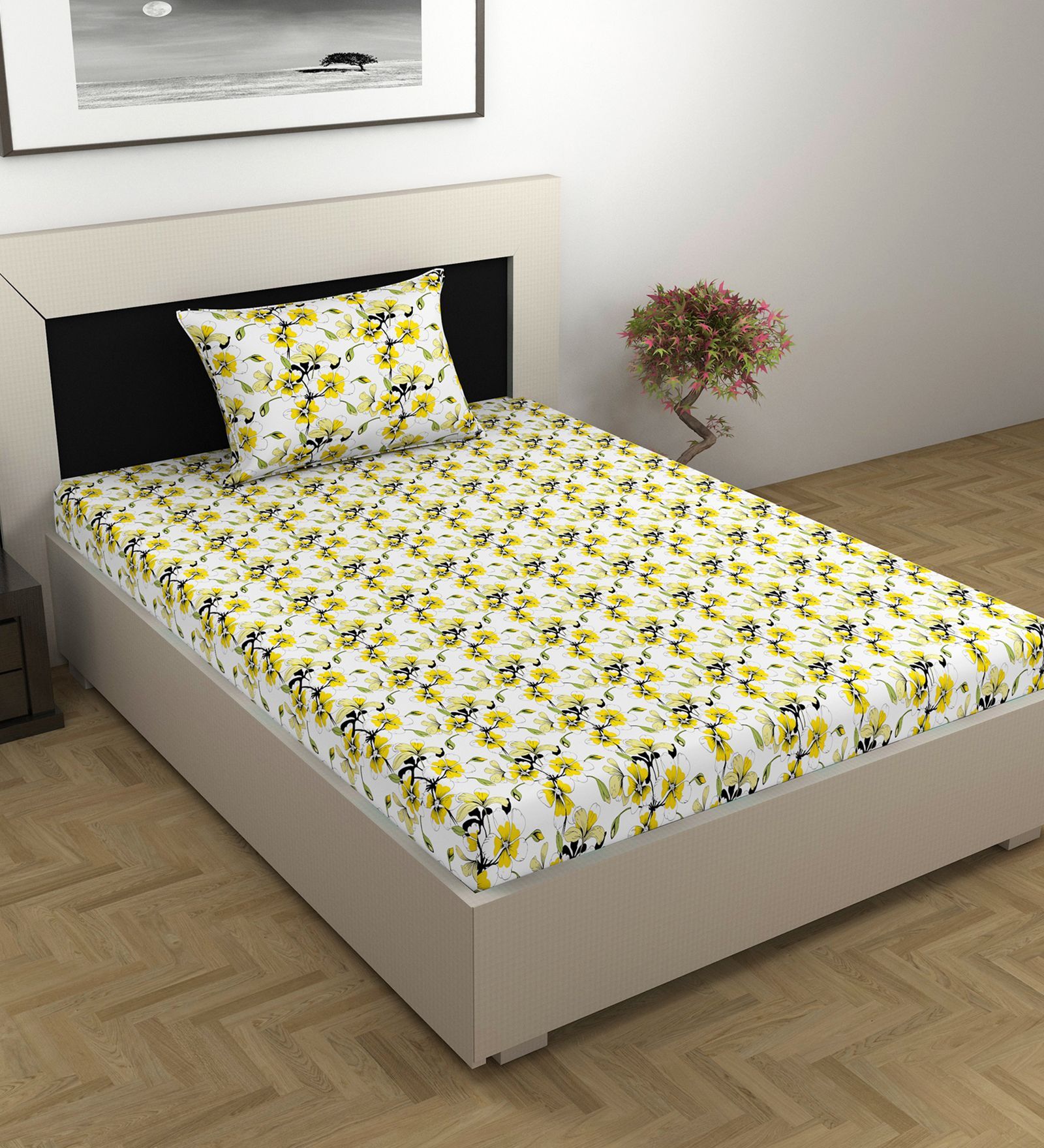 Golden Daffodil Floral 144 Tc Cotton Single Bedsheet With Pillowcover