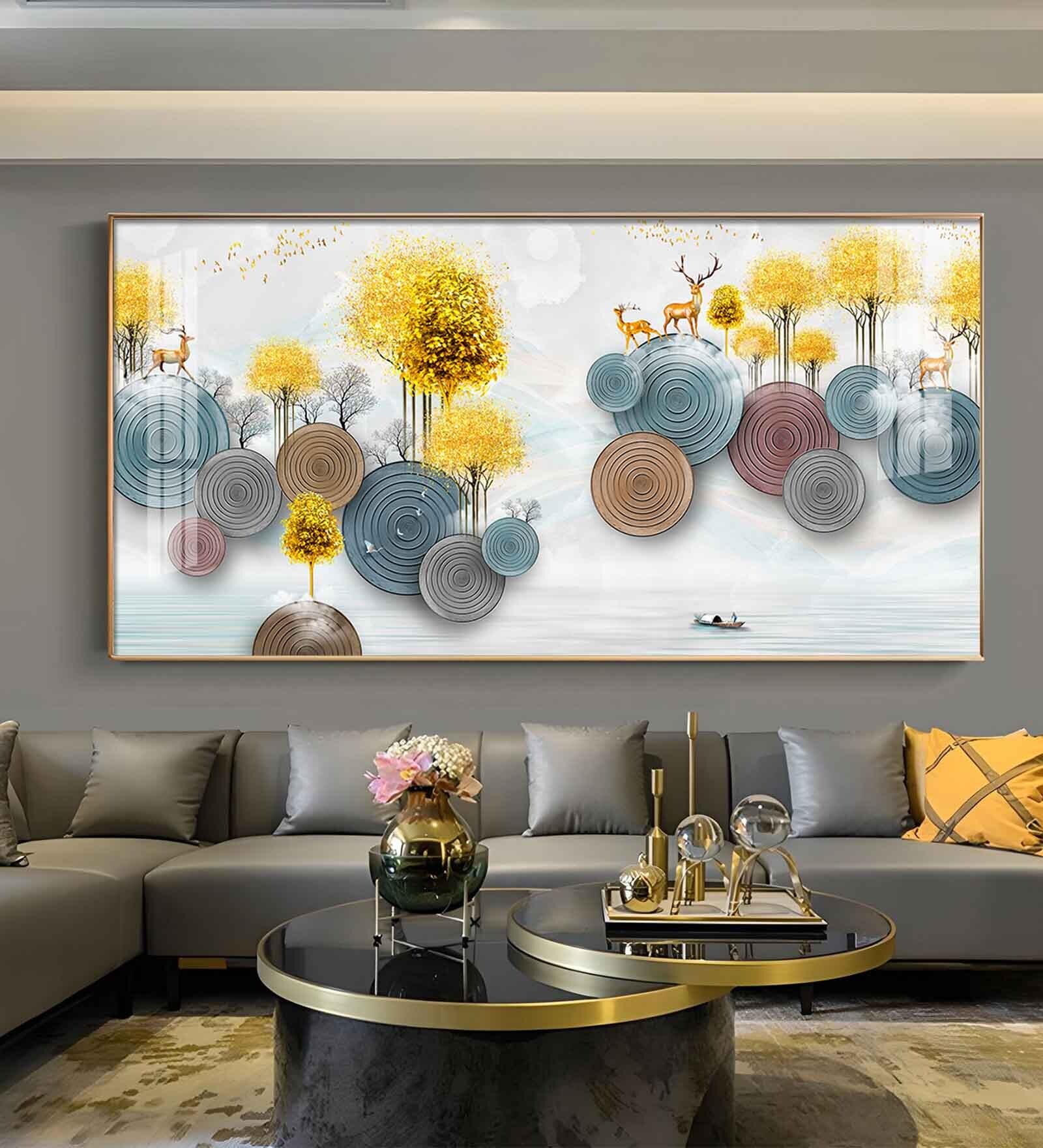 Golden Deer With Golden Tree Glass Finish Horizontal Wall Art