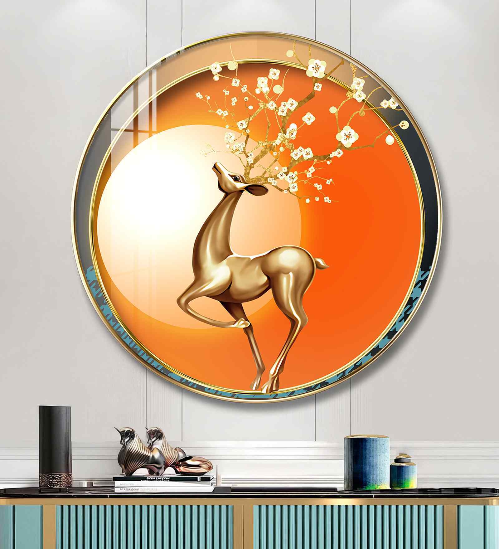Golden Deer With Orange Background Acrylic Round Wall Art