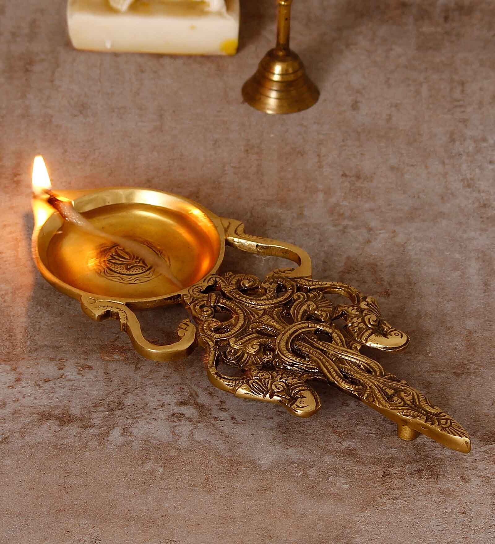 Golden Ethnic Carved 11 Inch Brass Diya For