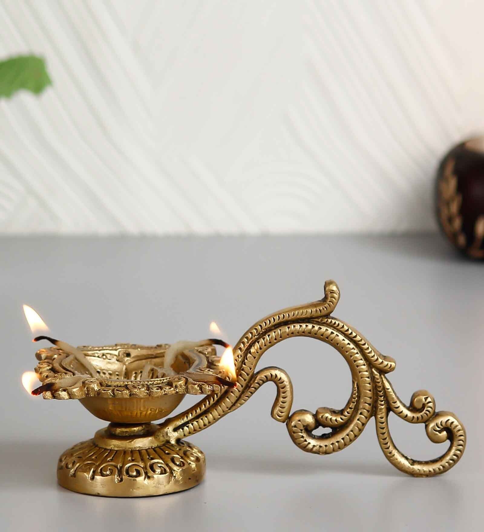 Golden Ethnic Carved Brass Diya With 4 Wicks For Pooja Room And Temple