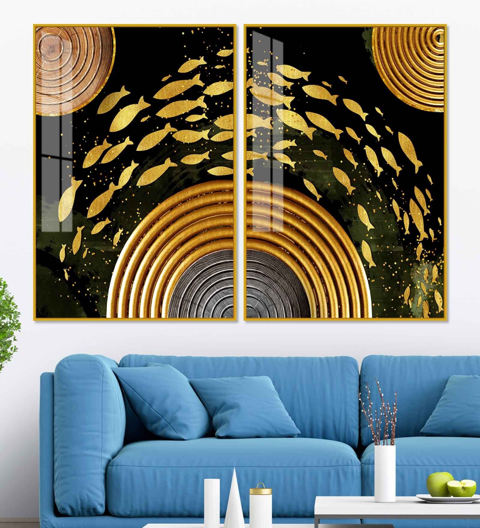 Golden Fishes Acrylic Framed Art Panel (Set Of 2)