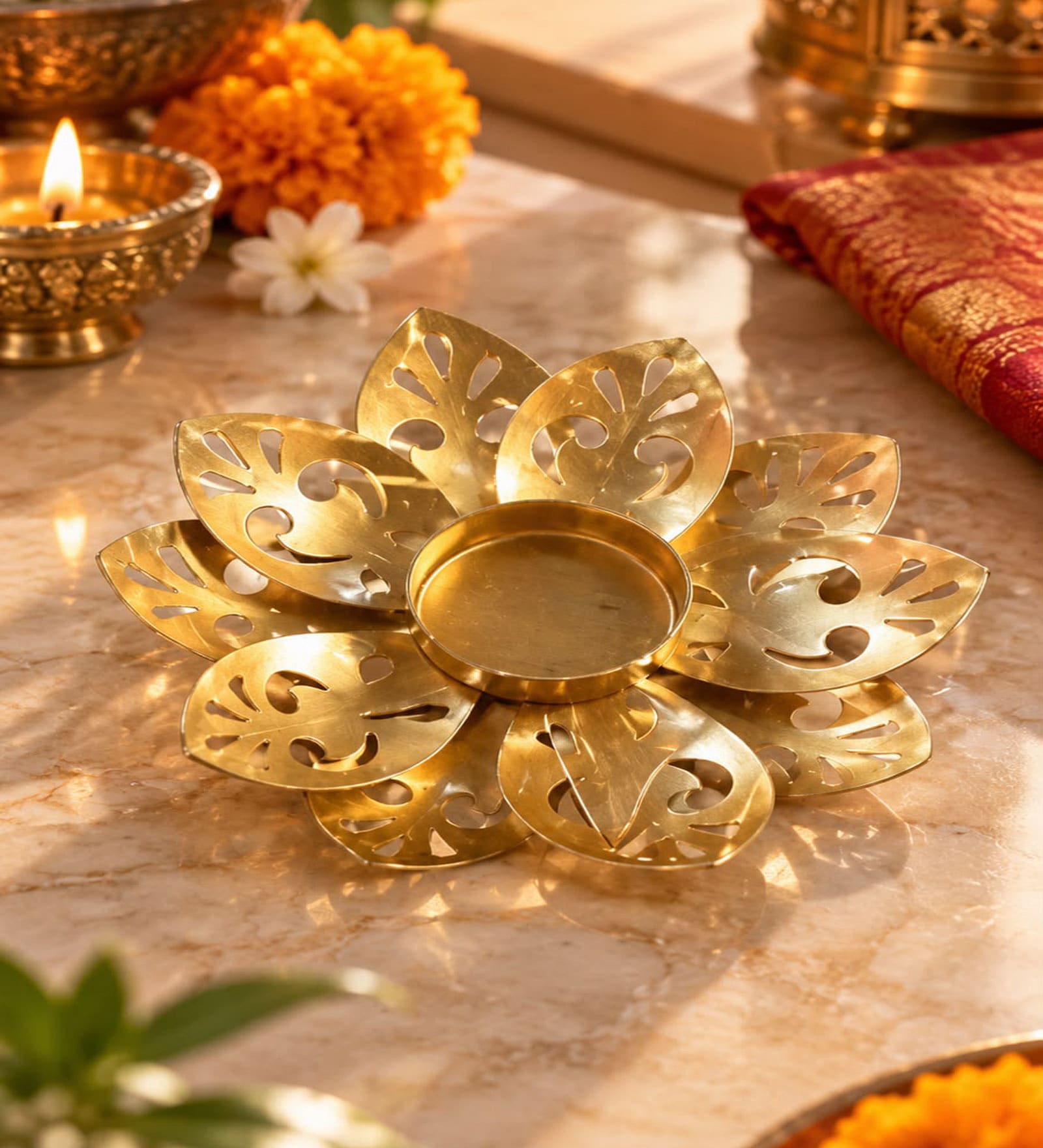 Golden Floral Metal Tealight Holder with Intricate Cutwork Design and Tealight Candle