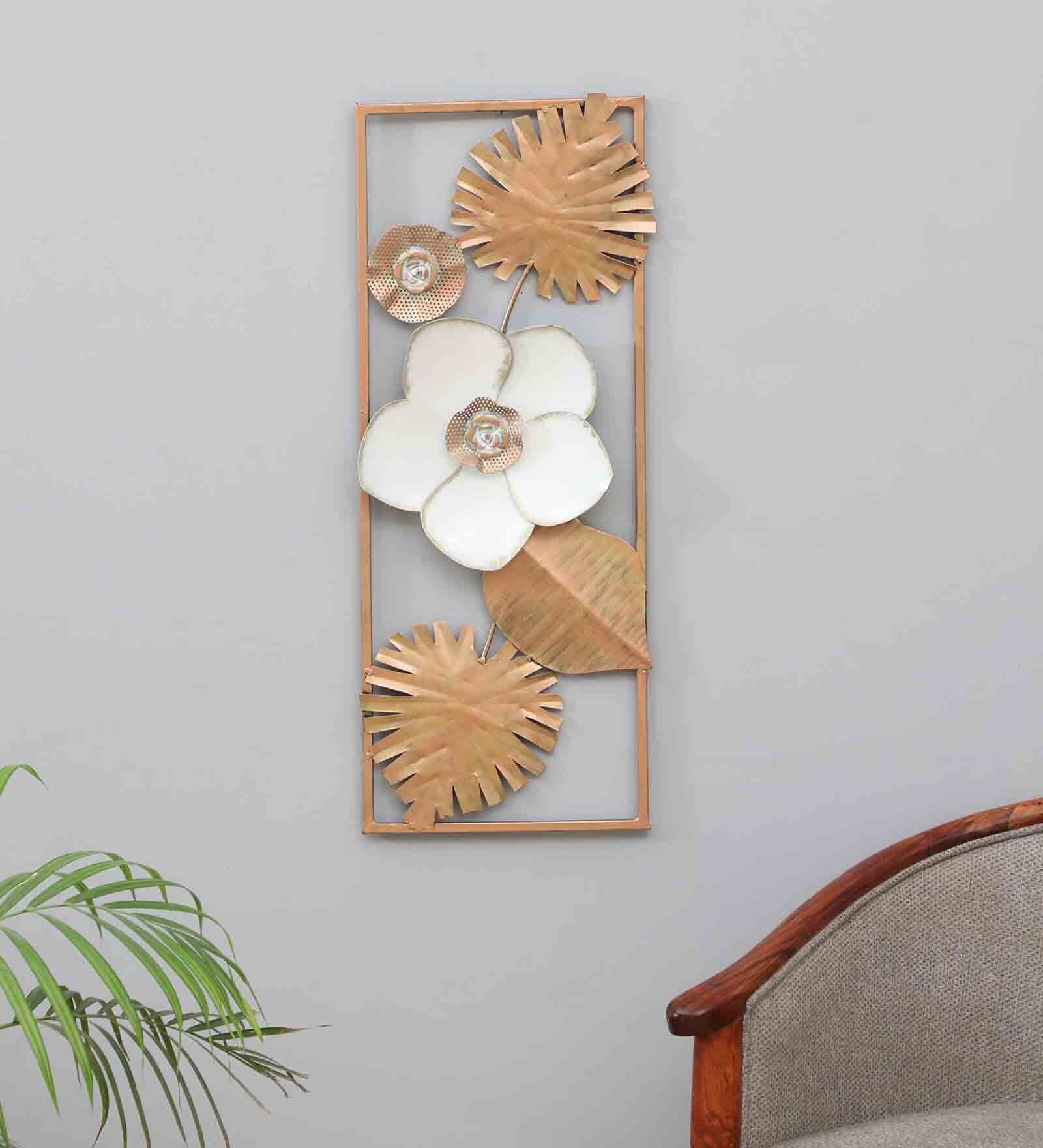 Golden Flower Abstract Metal Wall Art in White Colour