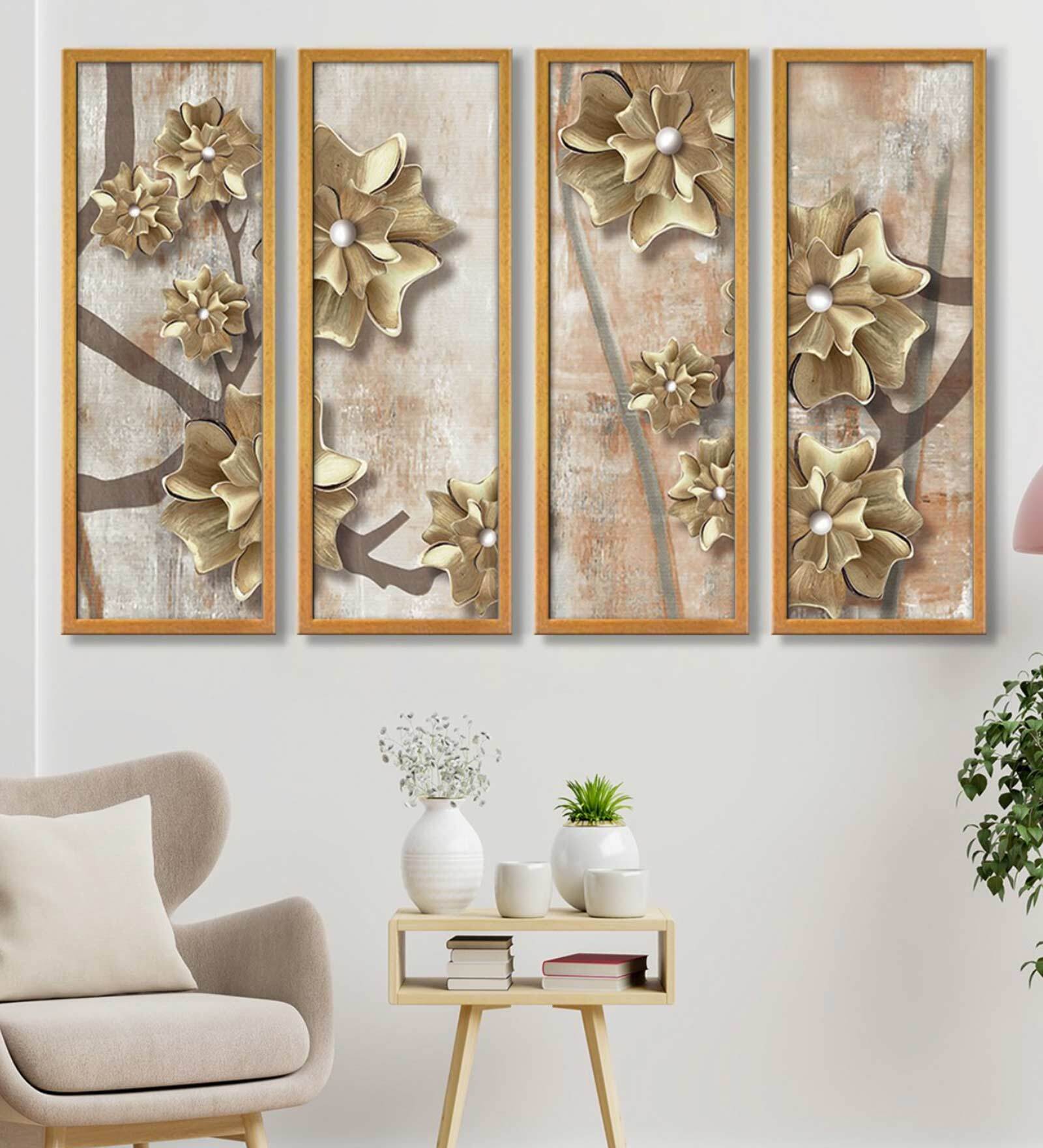 Golden Flowers Abstract Wall Art Panels