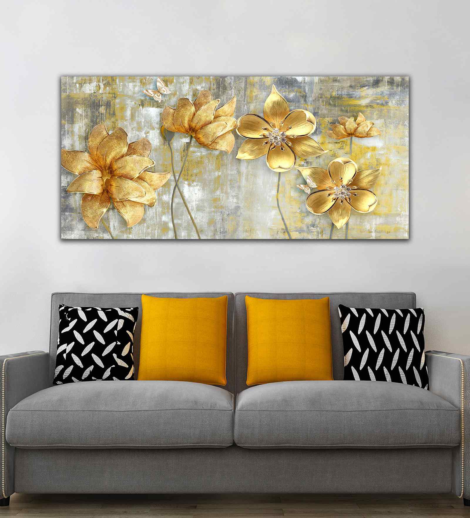 Golden Flowers Abstracts Canvas Wall Painting