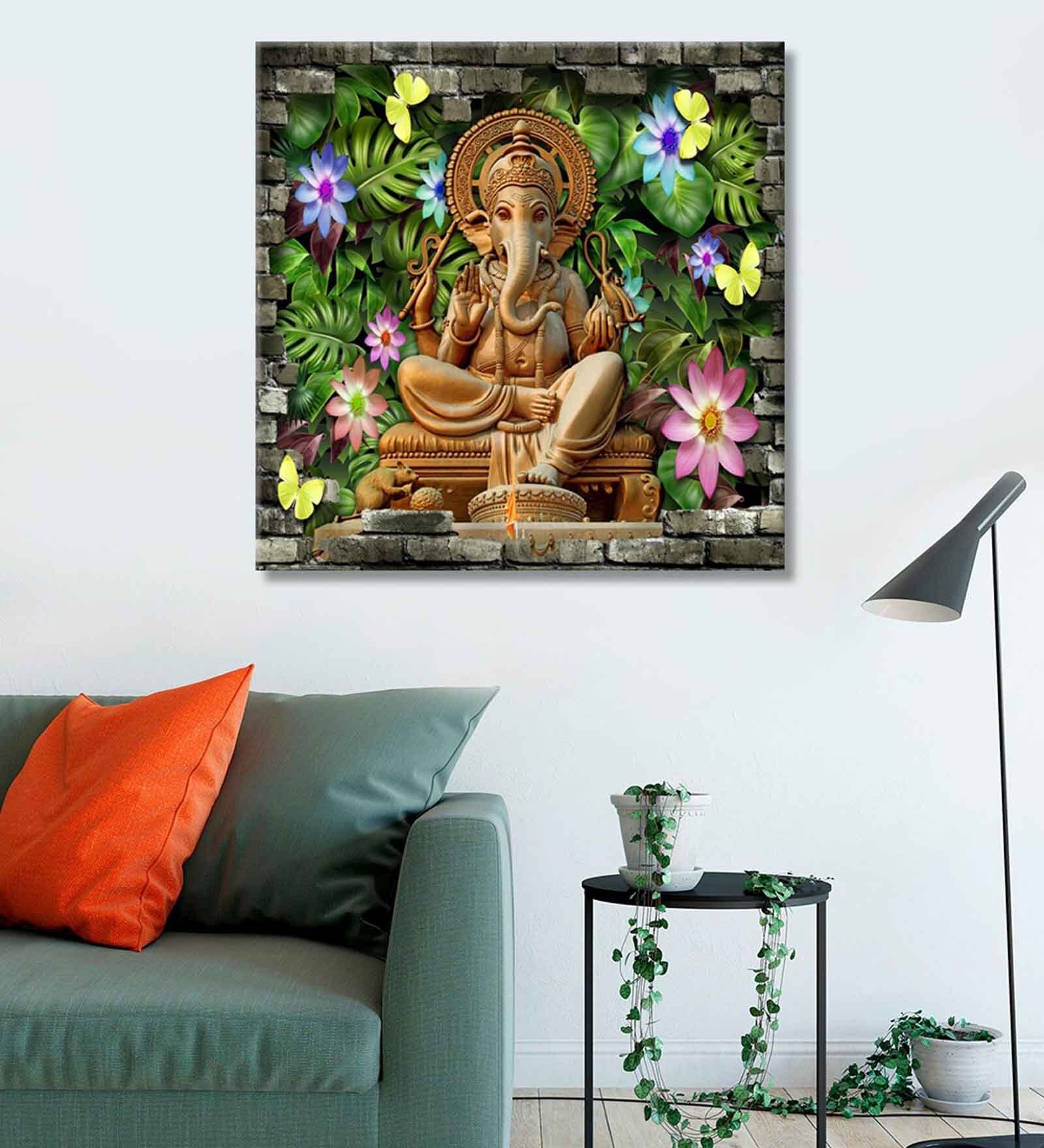 Buy Golden Ganesha Backgrou & Multi Golor Flowers Canvas Art Print at ...