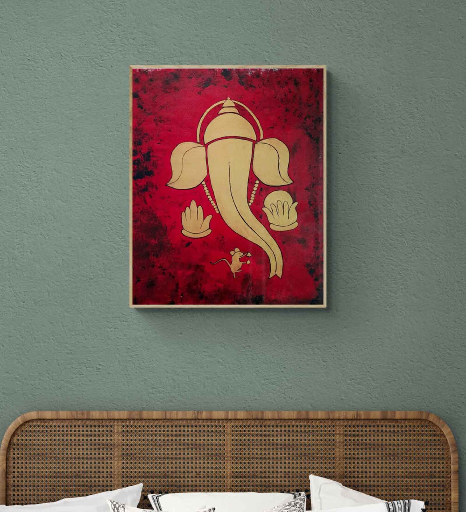 Golden Ganesha Handmade Acrylic Paint On Canvas Unframed