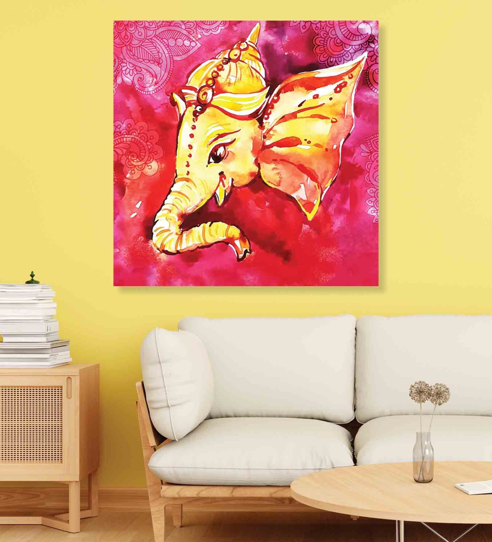 Golden Ganpati Multicolour Canvas Framed Wall Painting