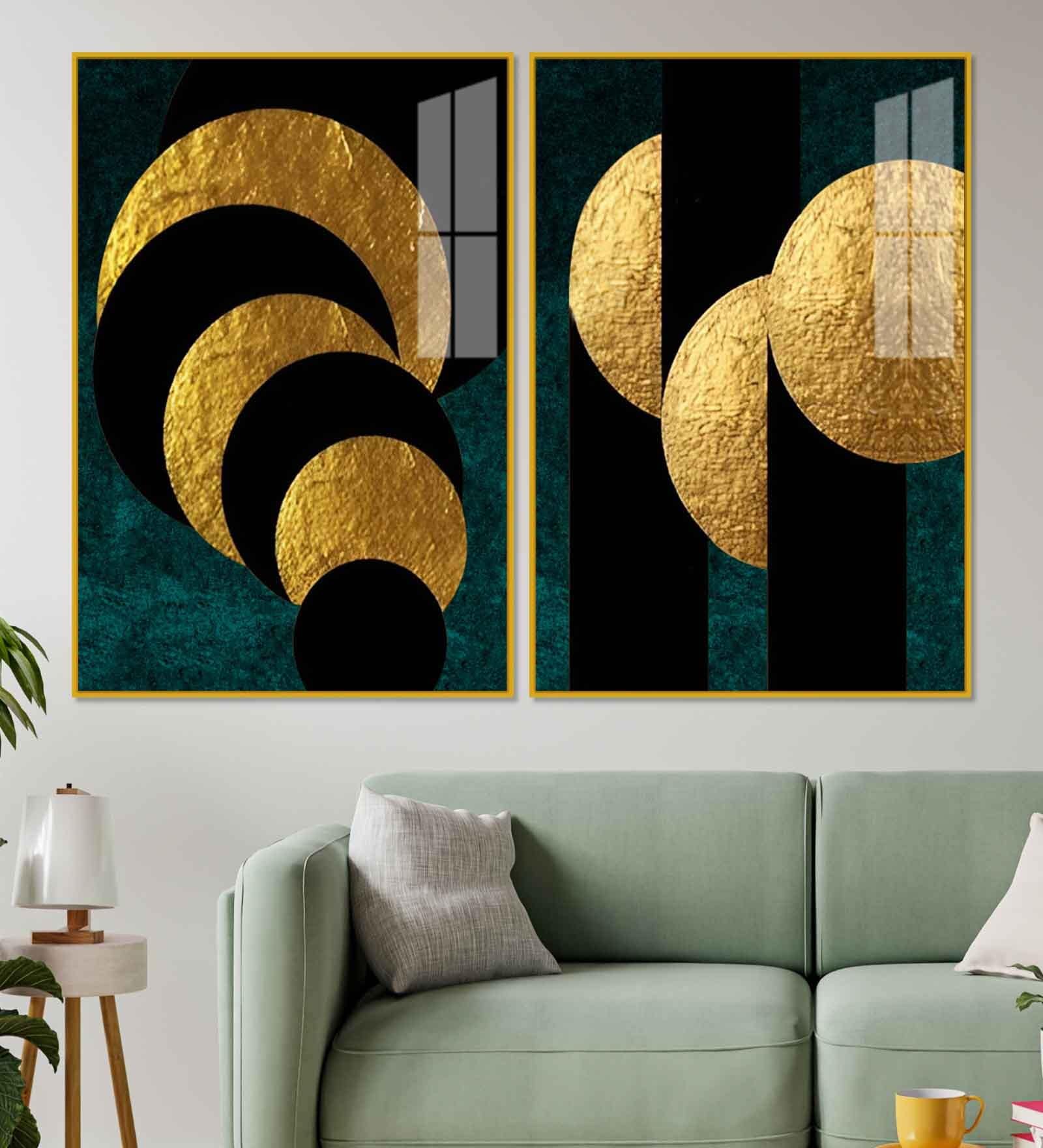 Golden Geometric Circles Shapes Art Acrylic Framed Art Panel (Set Of 2)