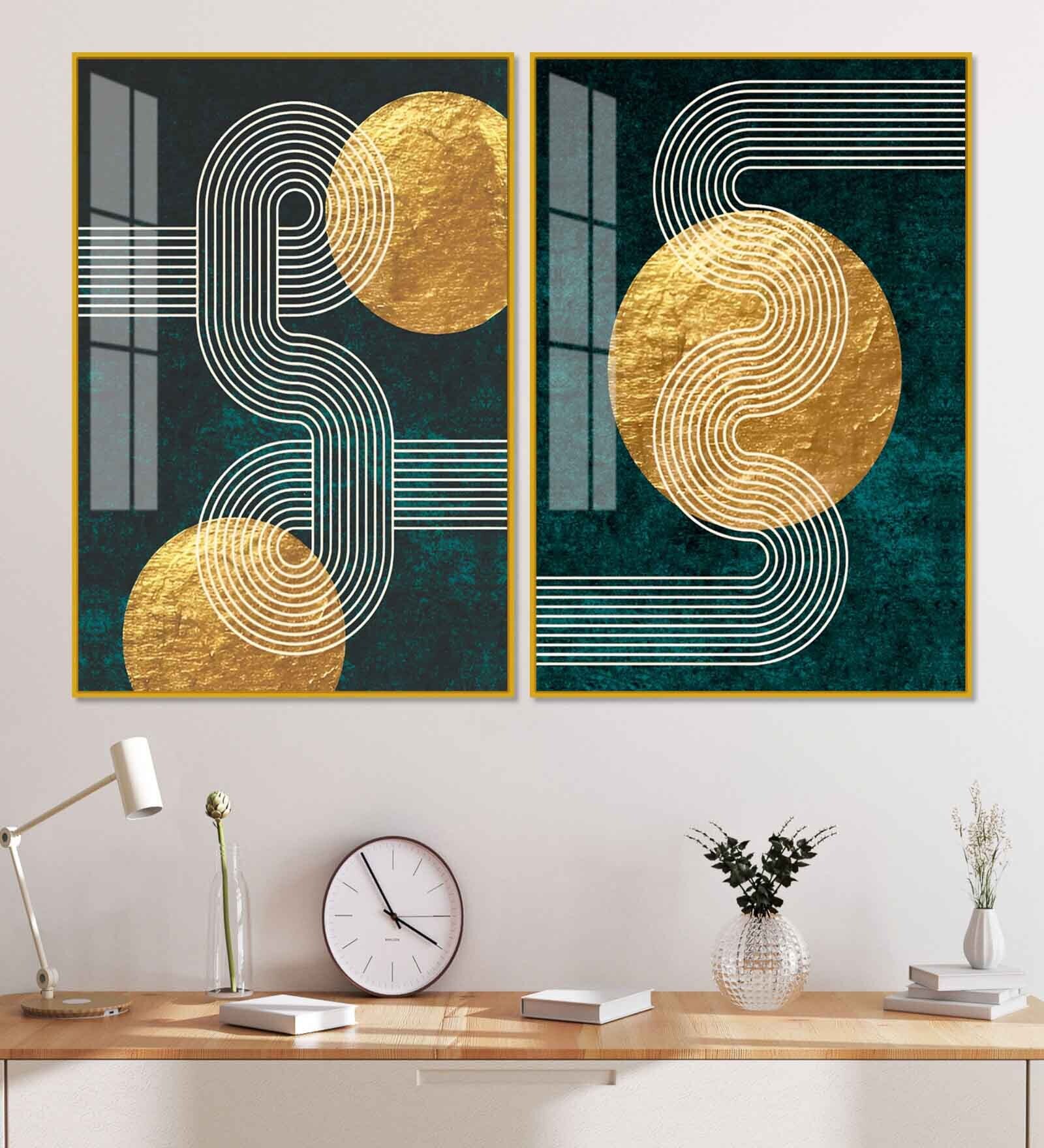 Golden Geometrical Acrylic Framed Art Panel (Set Of 2)