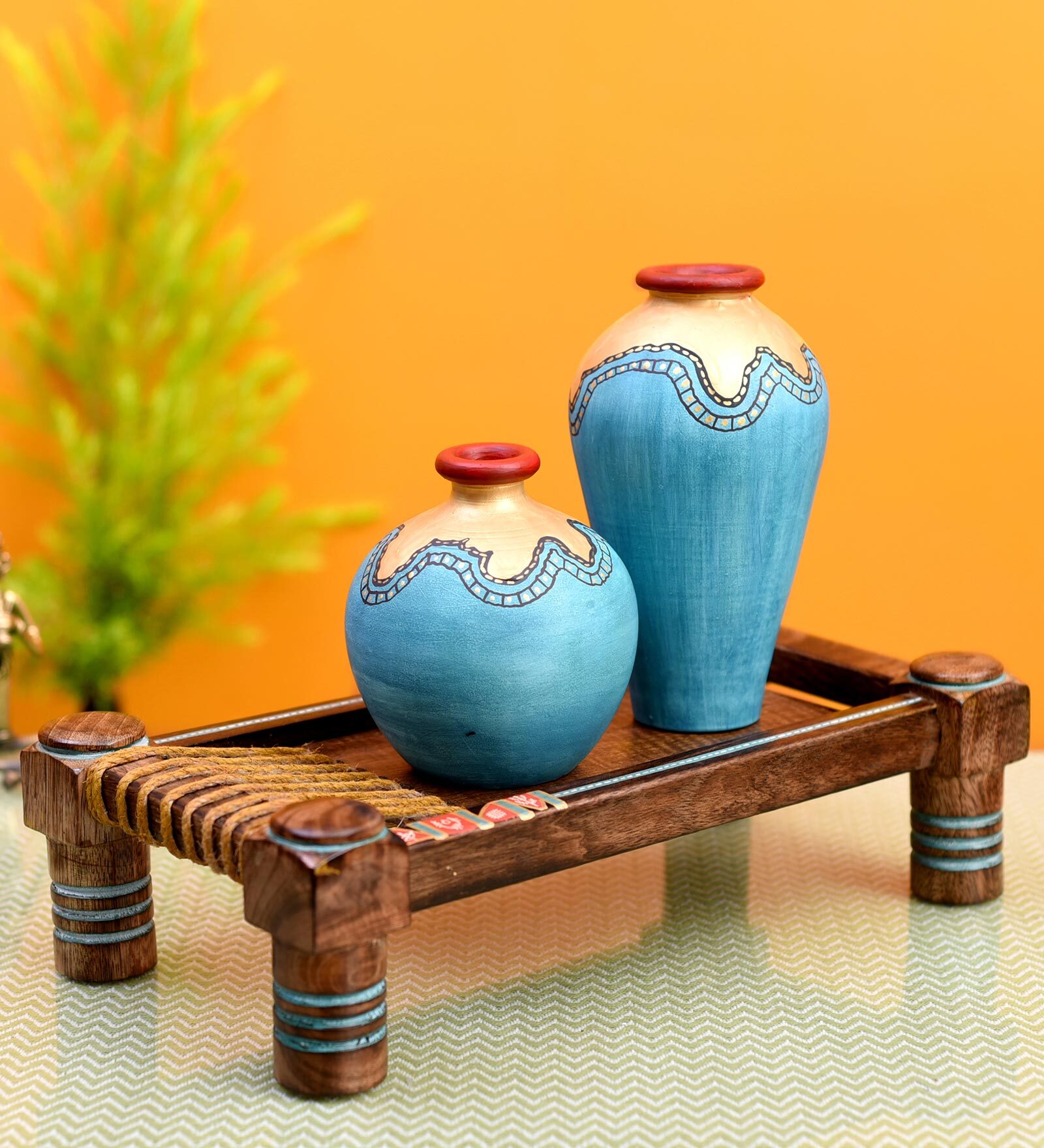 Golden Glaze (Set Of 3) Brown & Blue Terracotta & Wood Table Vase With Charpai Stand