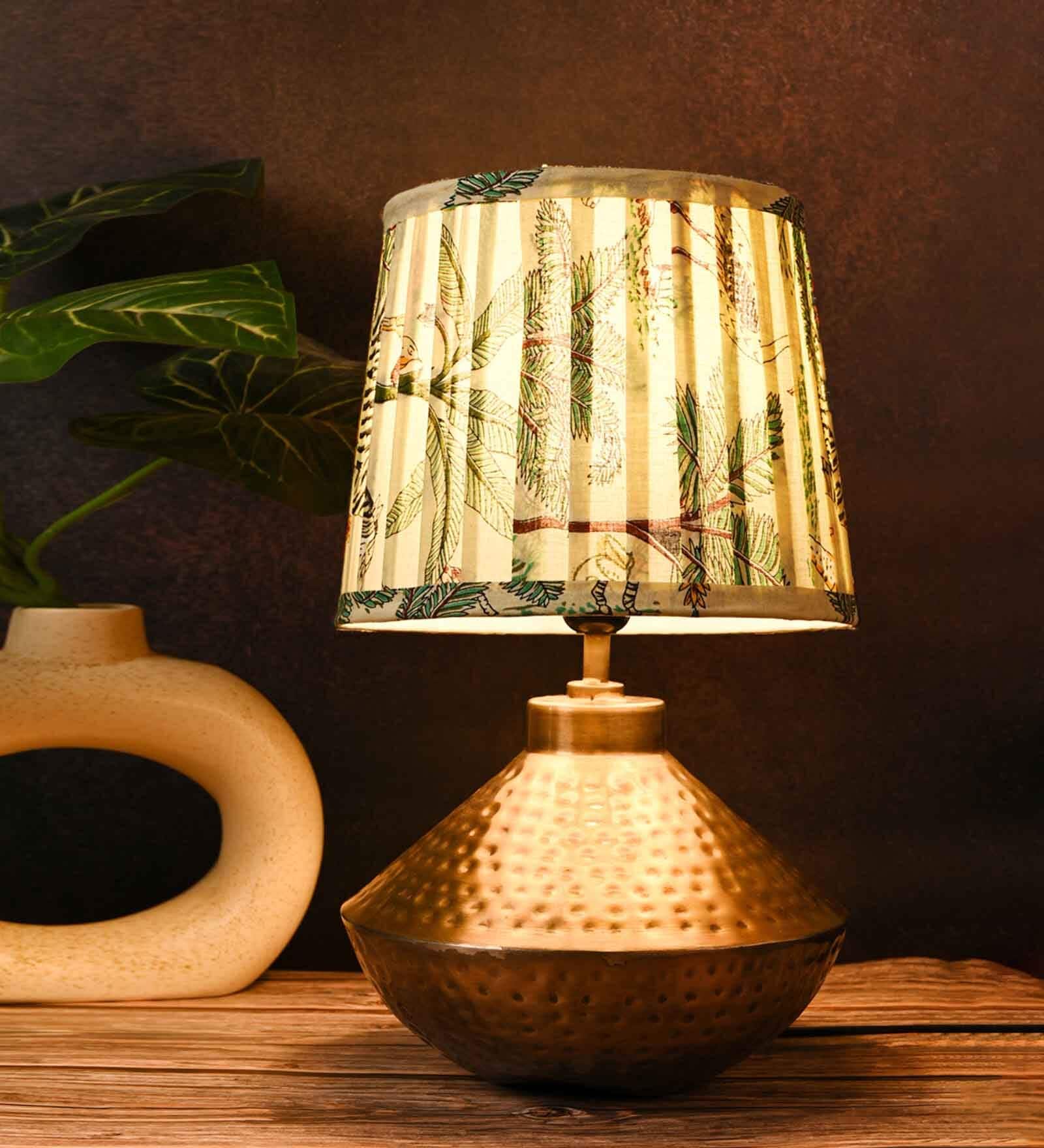 Golden Hammered Urn Lamp with Pleeted Multicolor Green Shade