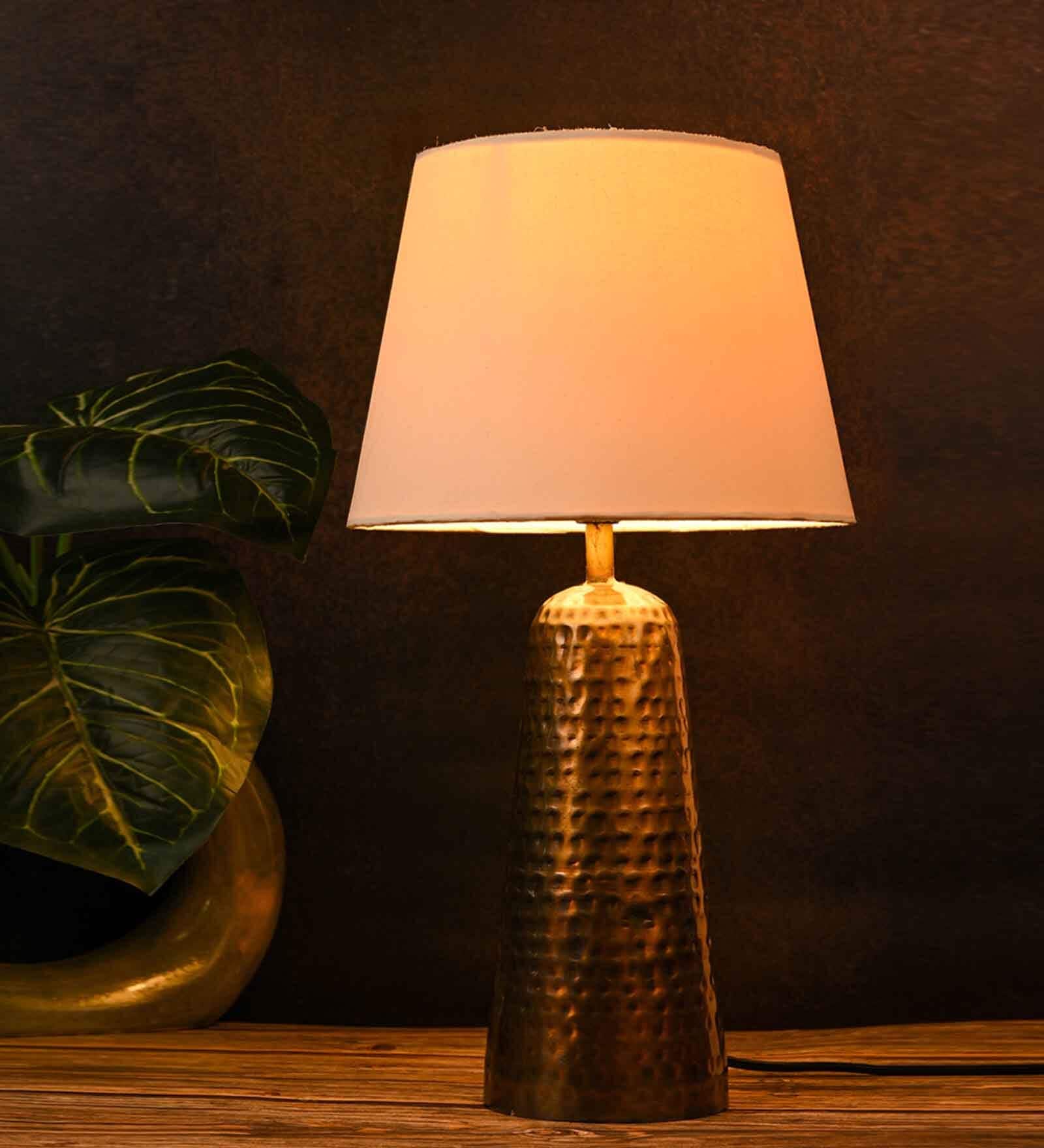 Golden Hammered V-Shaped Lamp with Taper Solid White Shade