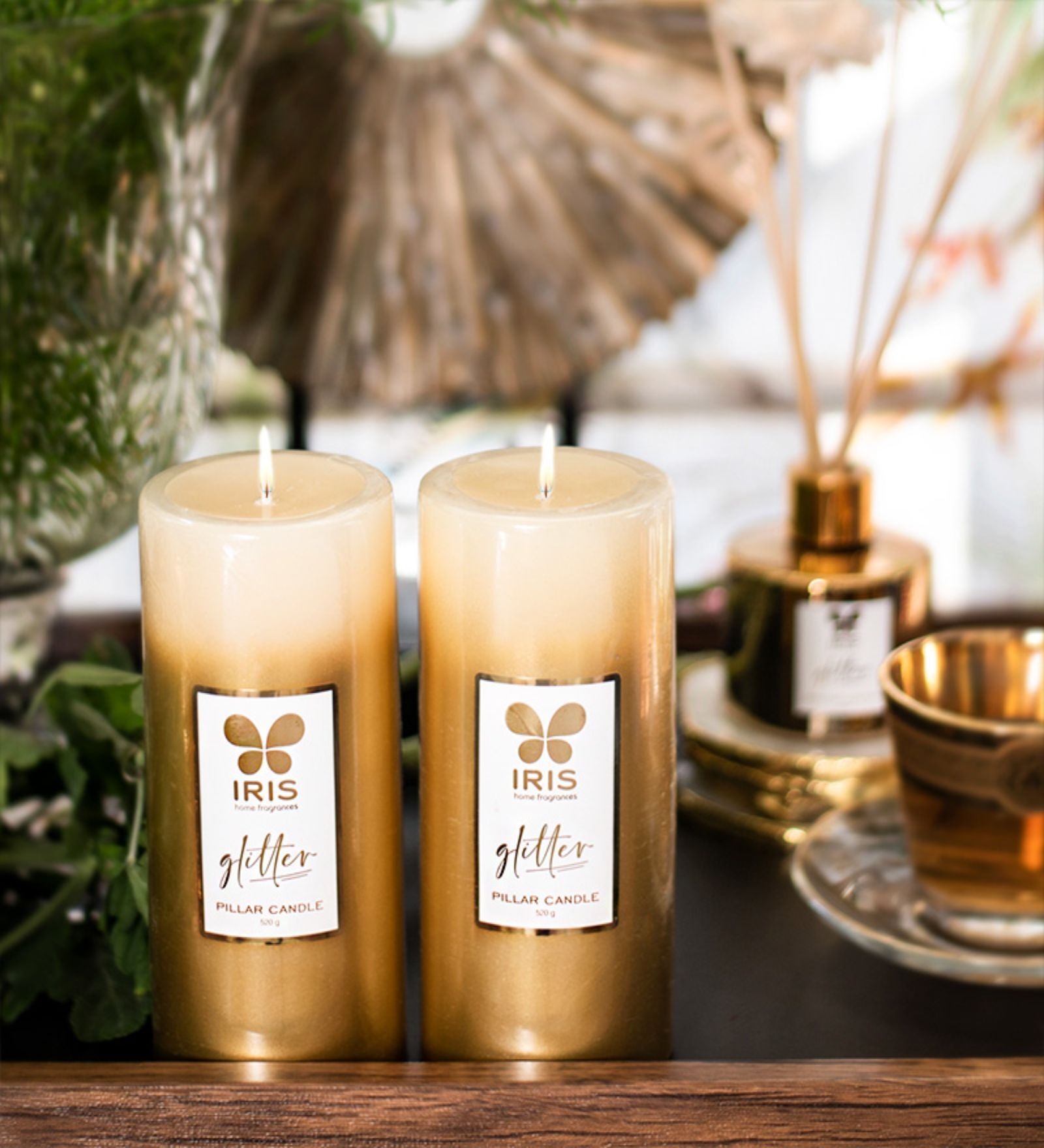 Golden Lacquered Wax Ahens Glitter Decorative Candle Golden Lacquered Wax Ahens Glitter Decorative Candle