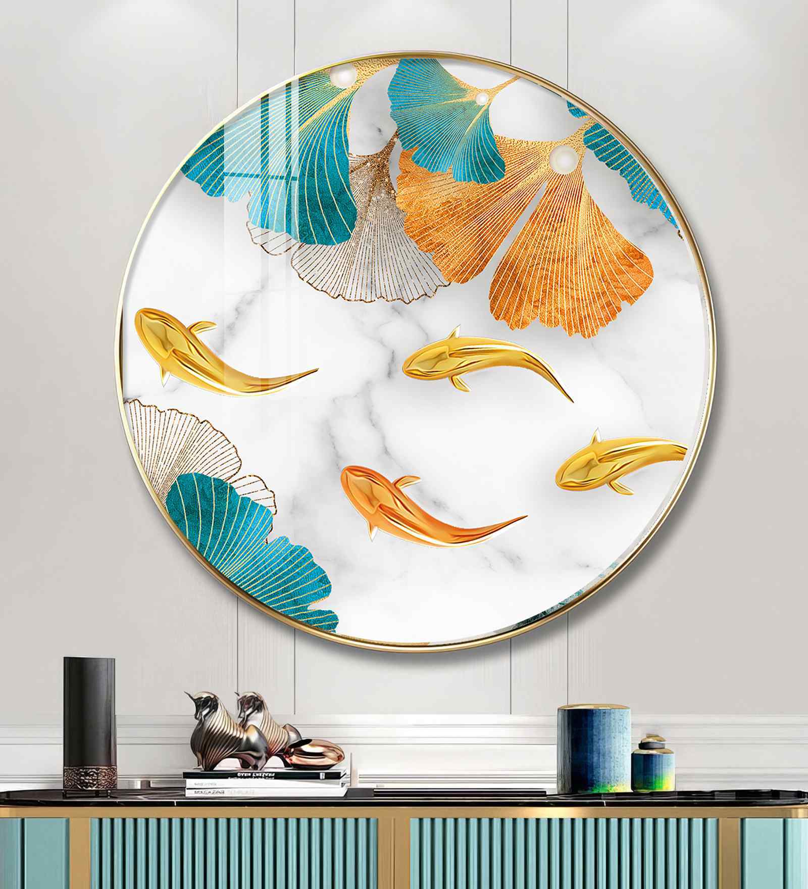 Golden Leaf With Koi Fish Acrylic Round Wall Art