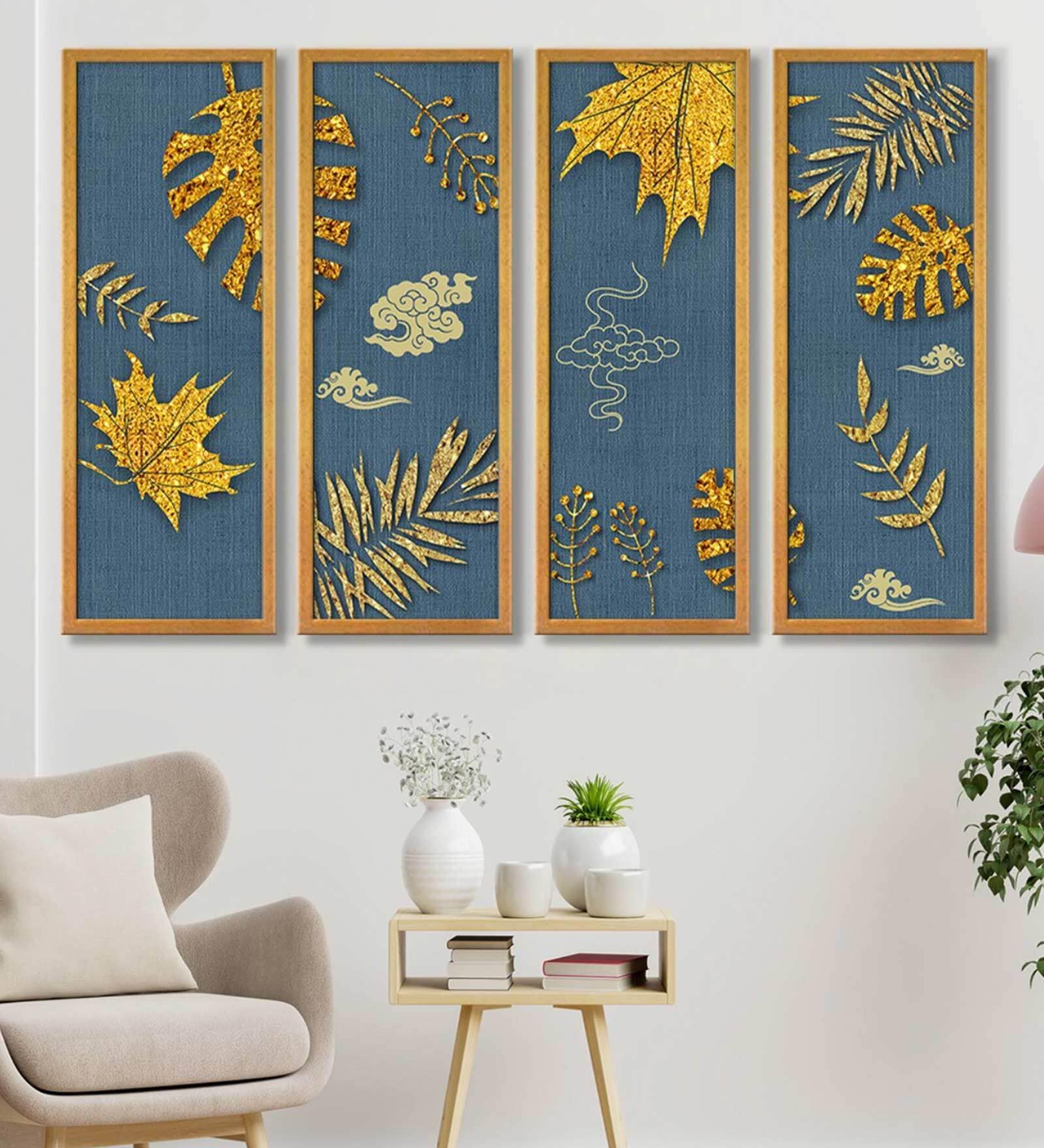 Leaves Multicolor Canvas Framed Landscape Art Panel Set of 4