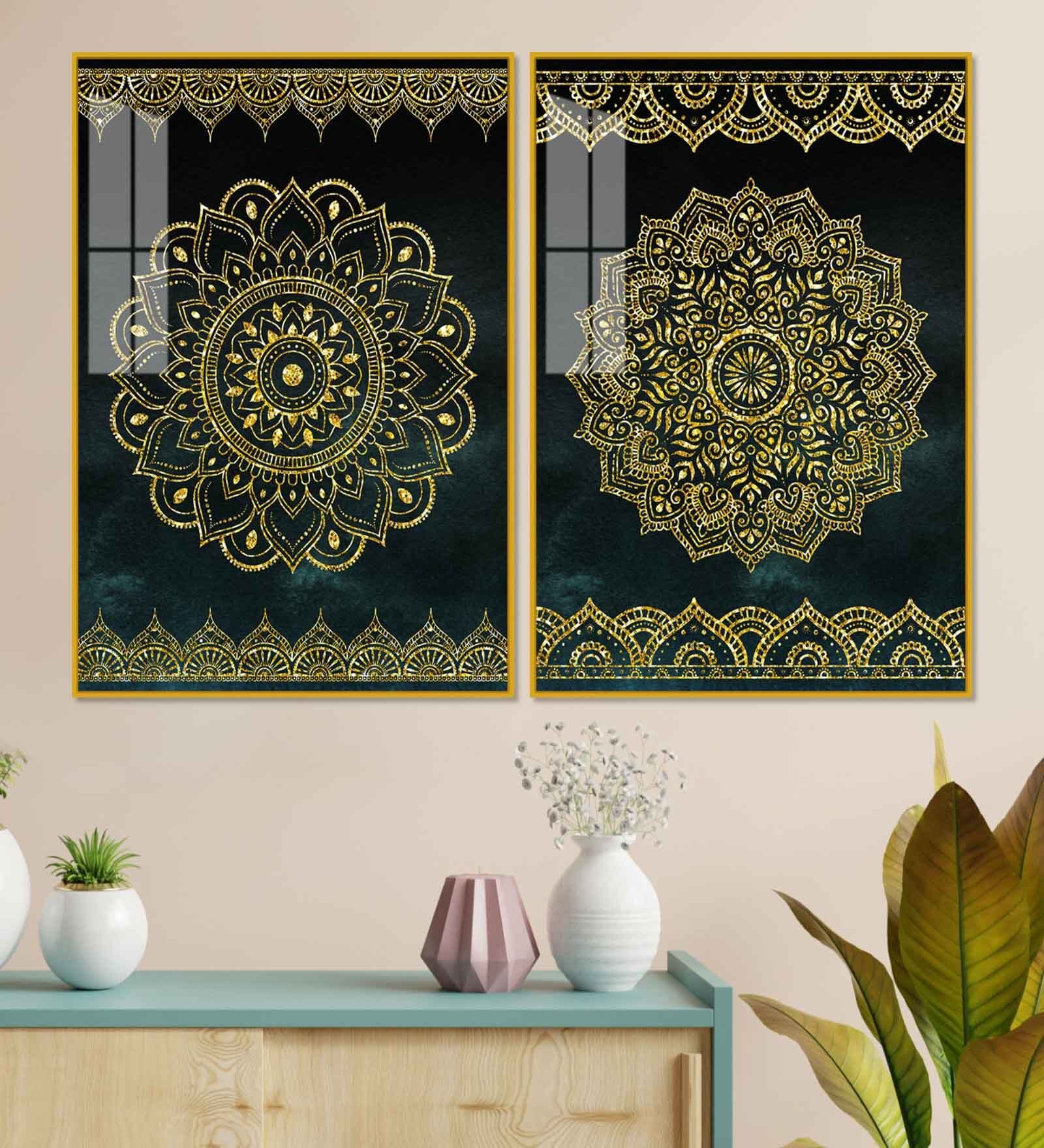 Golden Mandala Acrylic Framed Art Panel (Set Of 2)