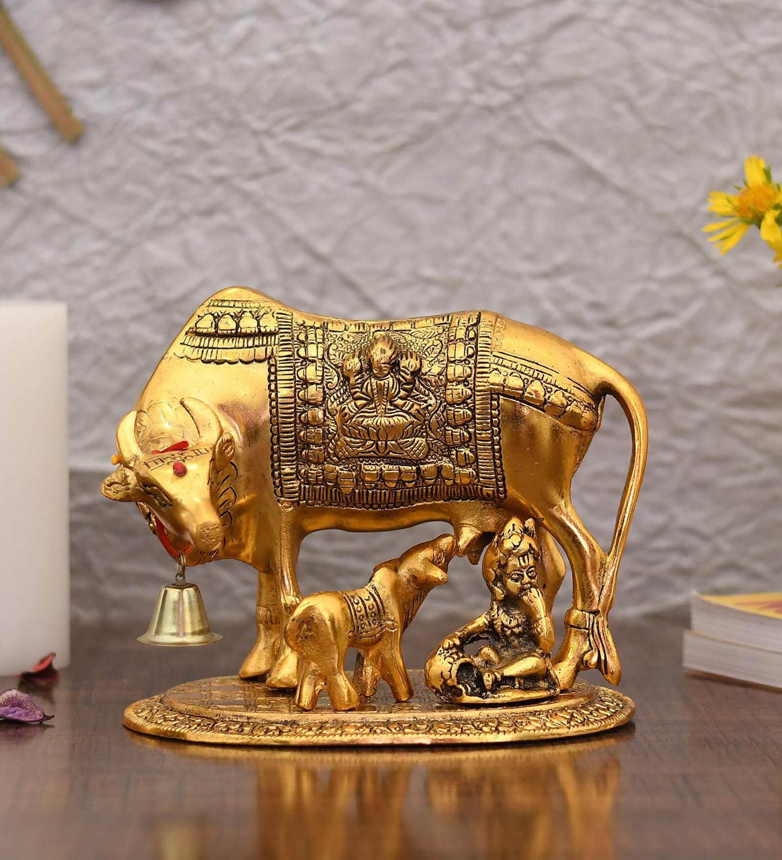 Golden Metal 7 Inches Kamdhenu Cow With Calf Idol