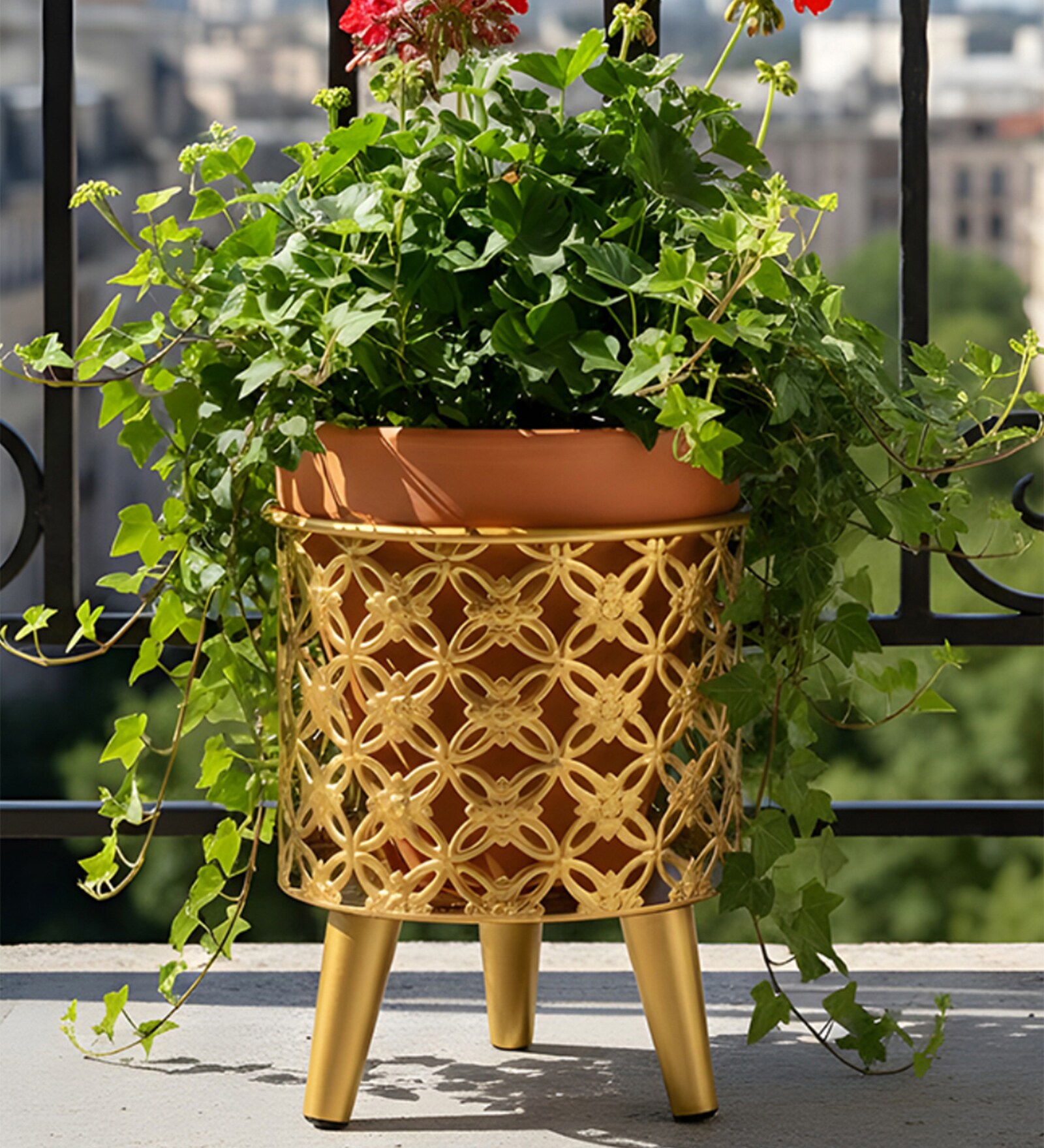 Golden Metal And Wood Round Bloom Planter