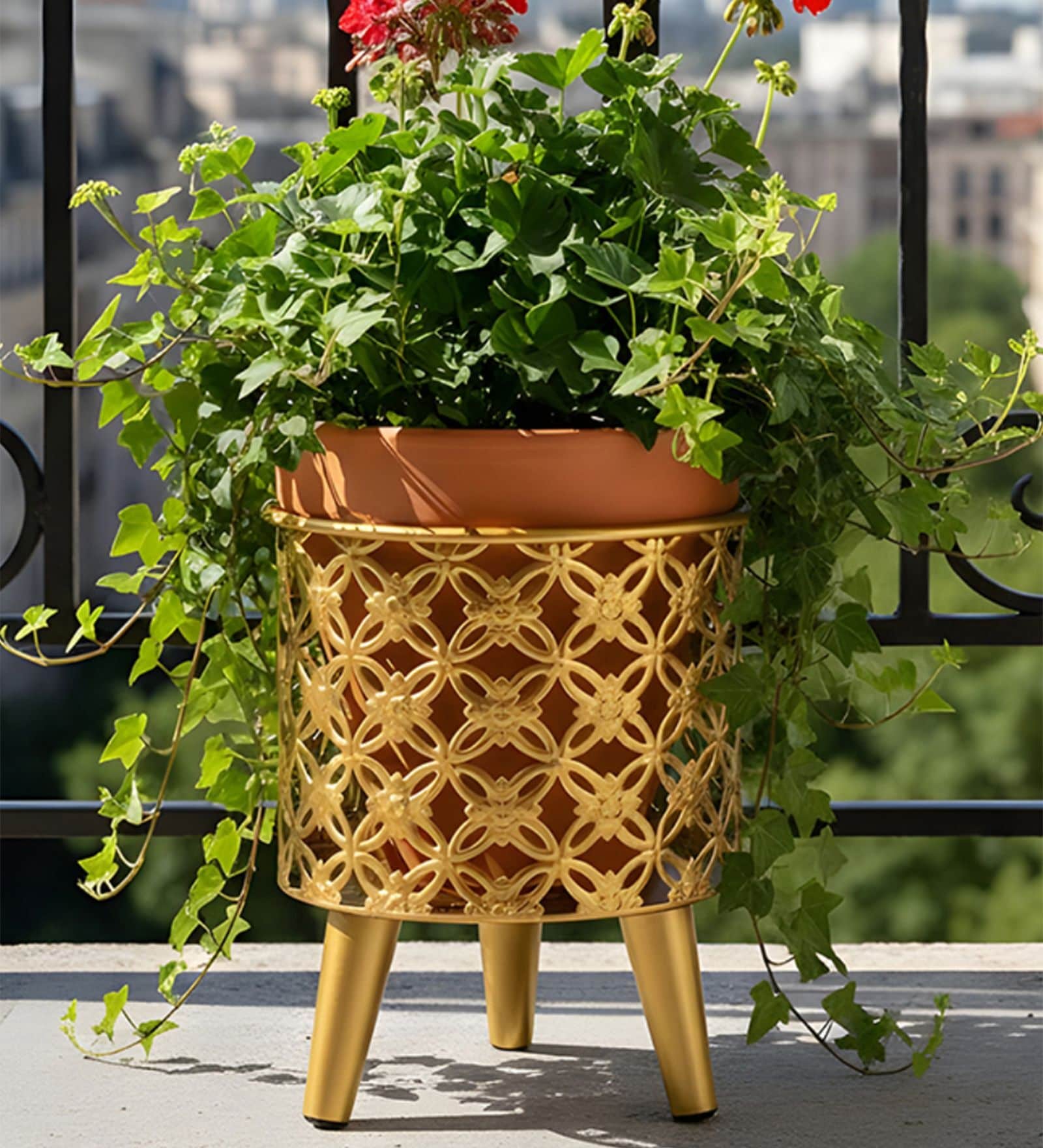 Golden Metal And Wood Round Bloom Planter
