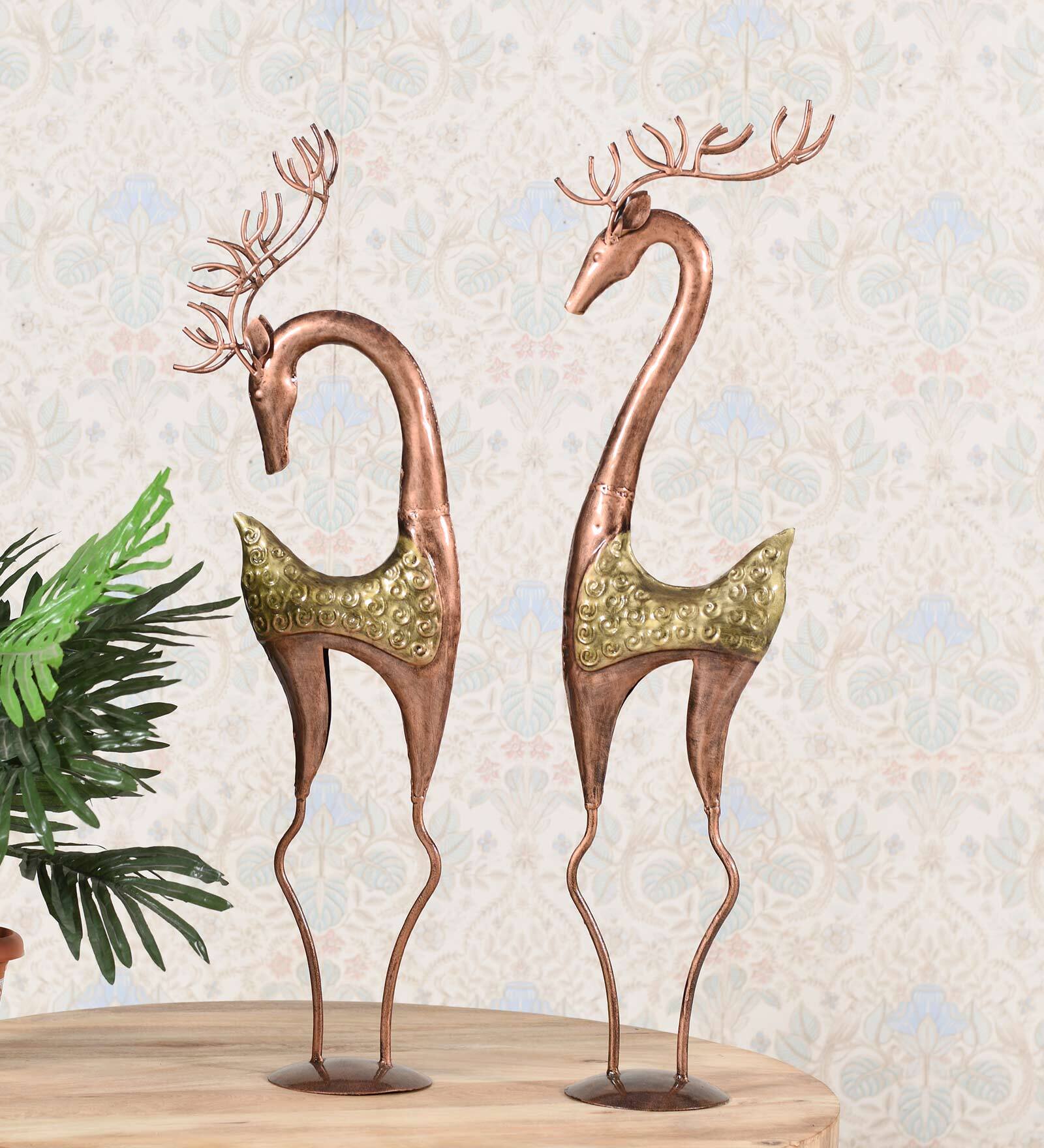 Golden Metal Deer Figurine Set Of 2
