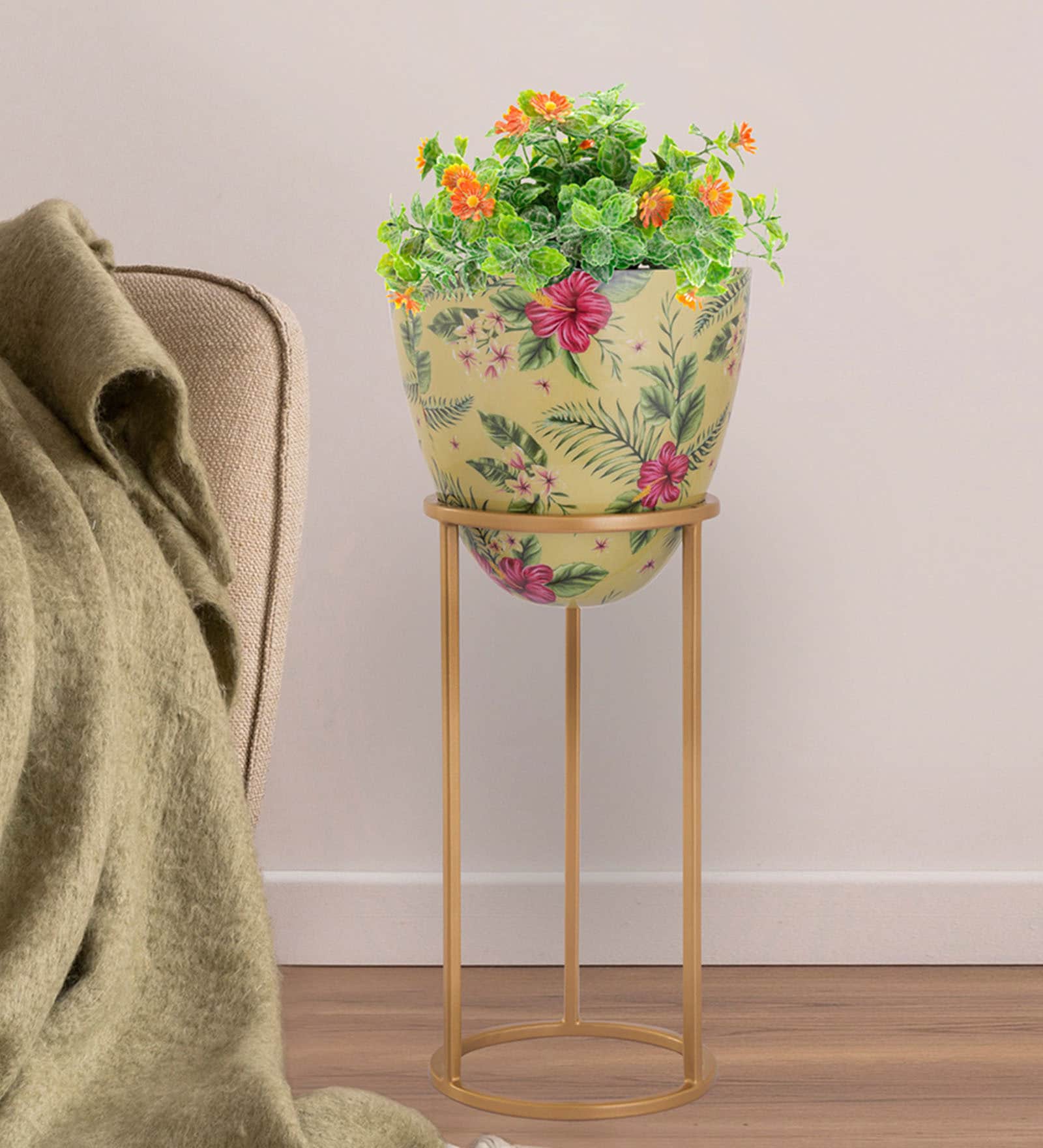 Floral Golden Metal Floor Pot With Stand
