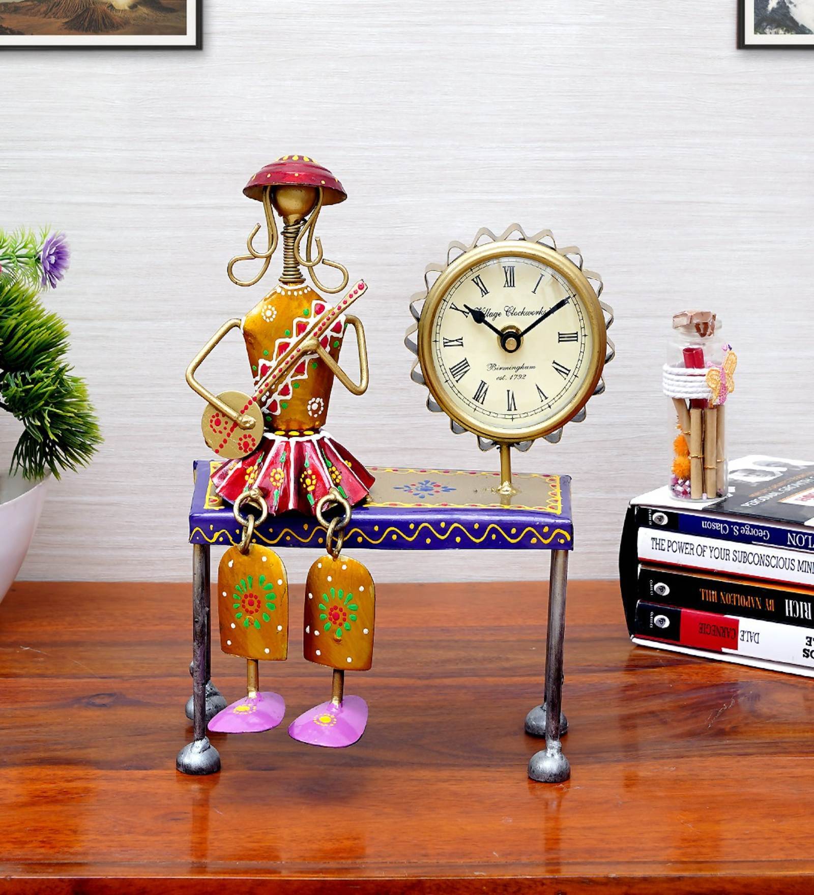 Golden Metal Handpainted Decorative Lady Musician Showpiece Table Clock