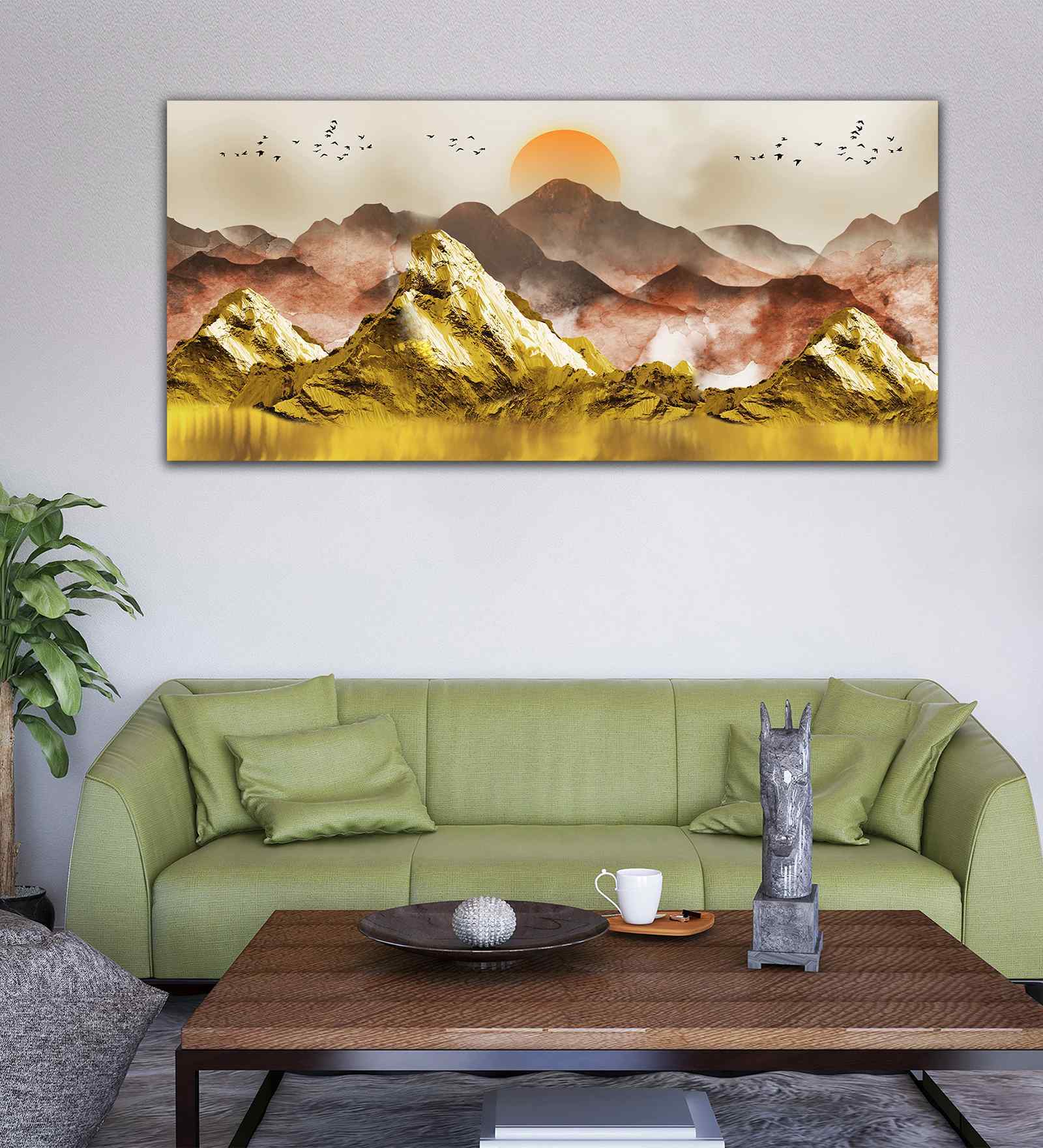 Golden Mountains And Birds Scenery Premium Canvas Wall Painting