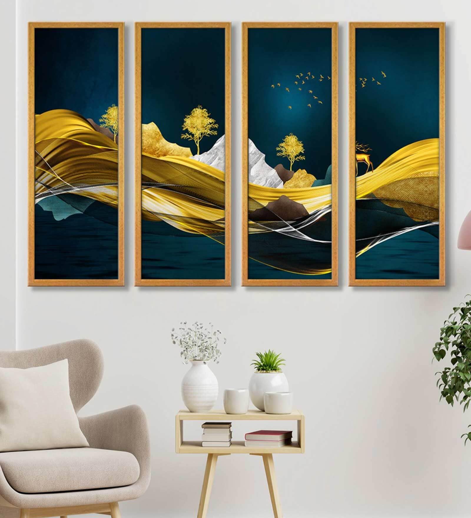 Mountains Tree Multicolour Canvas Framed Landscape Art Panel Set of 4
