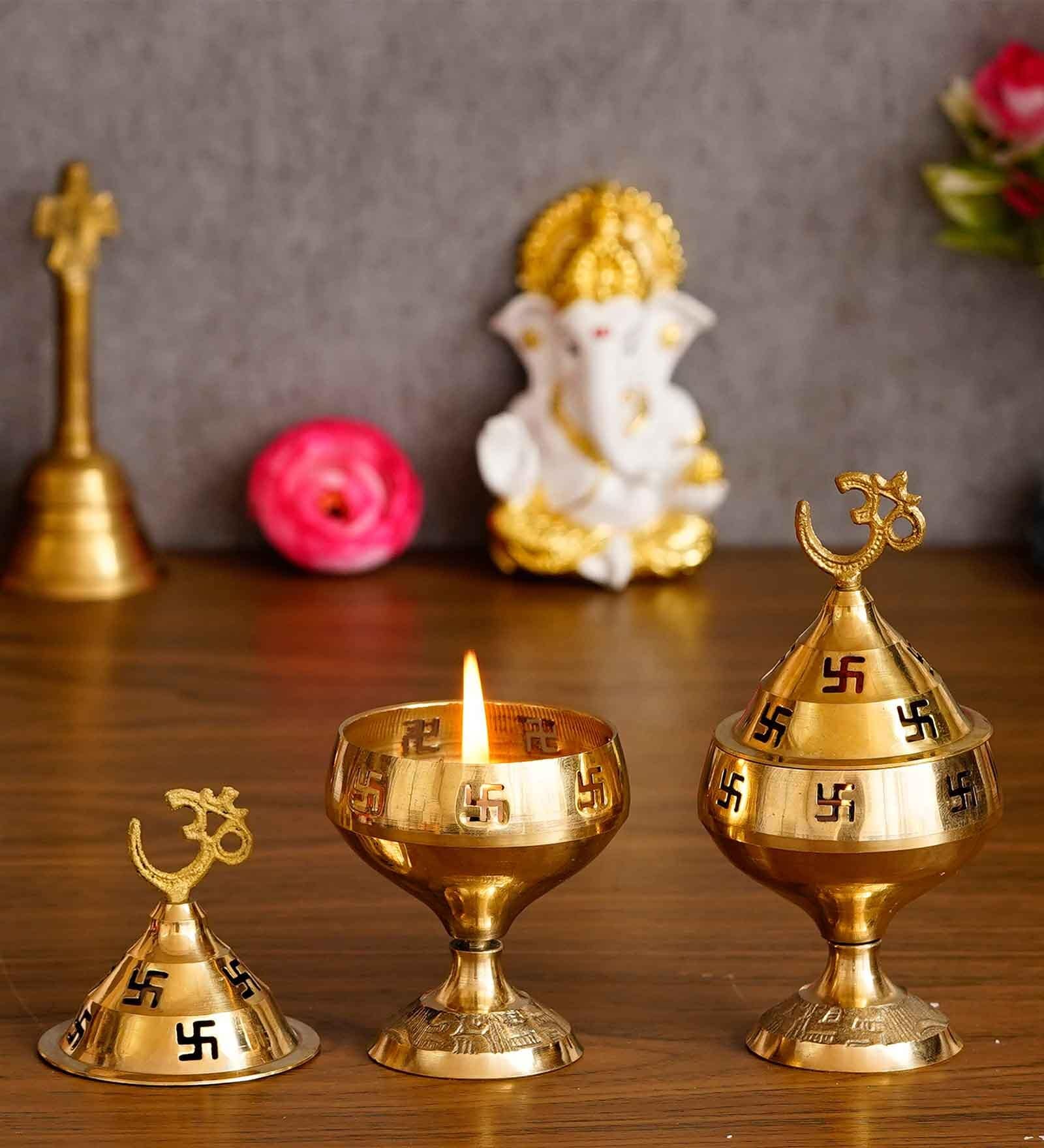 Golden Om And Swastik Brass Diya Set Of 2