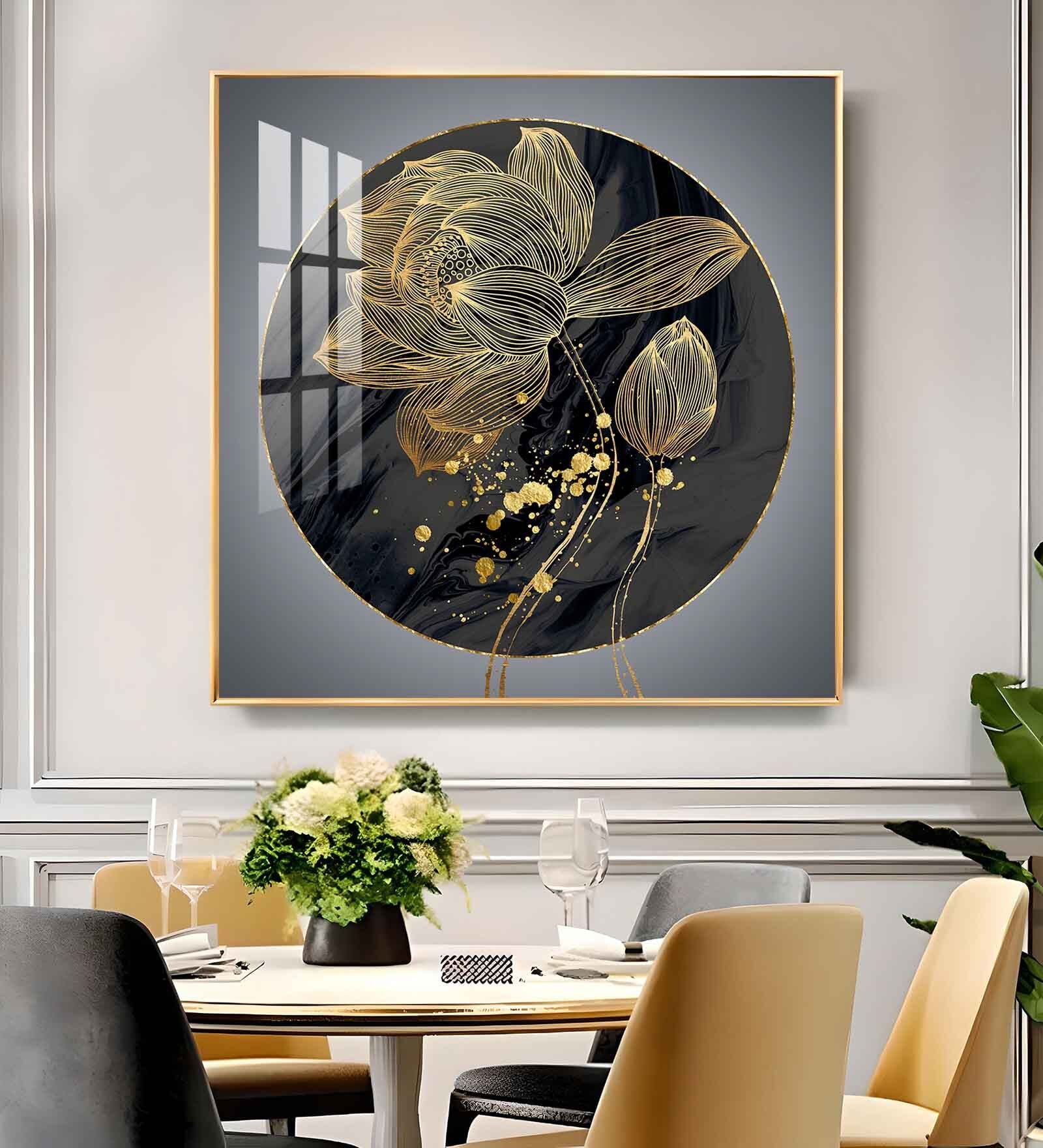 Golden Petal Grandeur Glass Finish Square Wall Art
